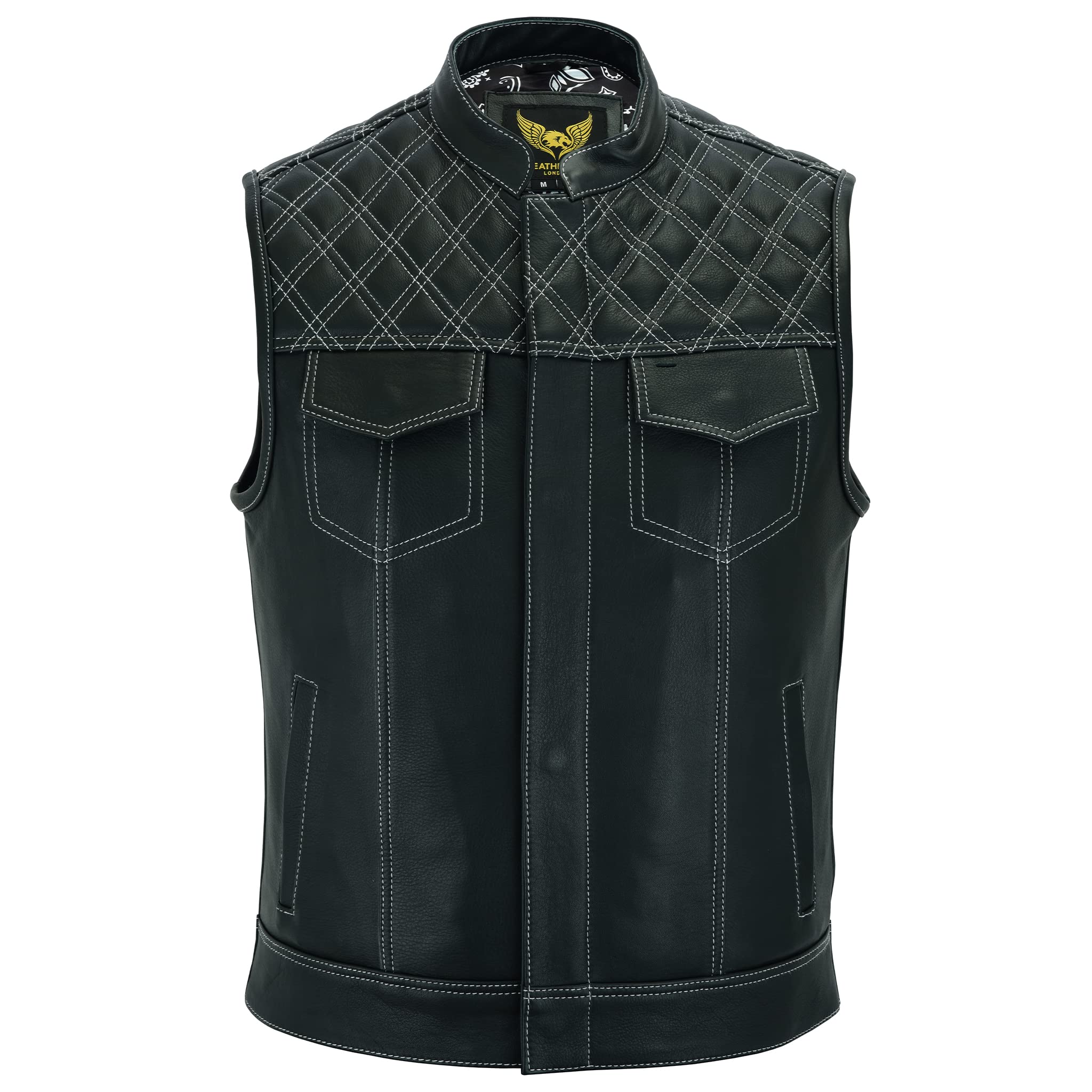 Men's Black Leather Motorcycle Vest with SOA Club & Traditional Paisley Satin Liner - Biker Jacket for Riding, Motorcycle Clubs, and Casual Wear