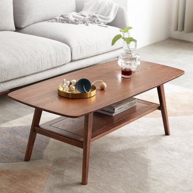 Solid Oak Wood Walnut Finish Double Layer Coffee Table - Modern Living Room Furniture for Home Decor & Small Space