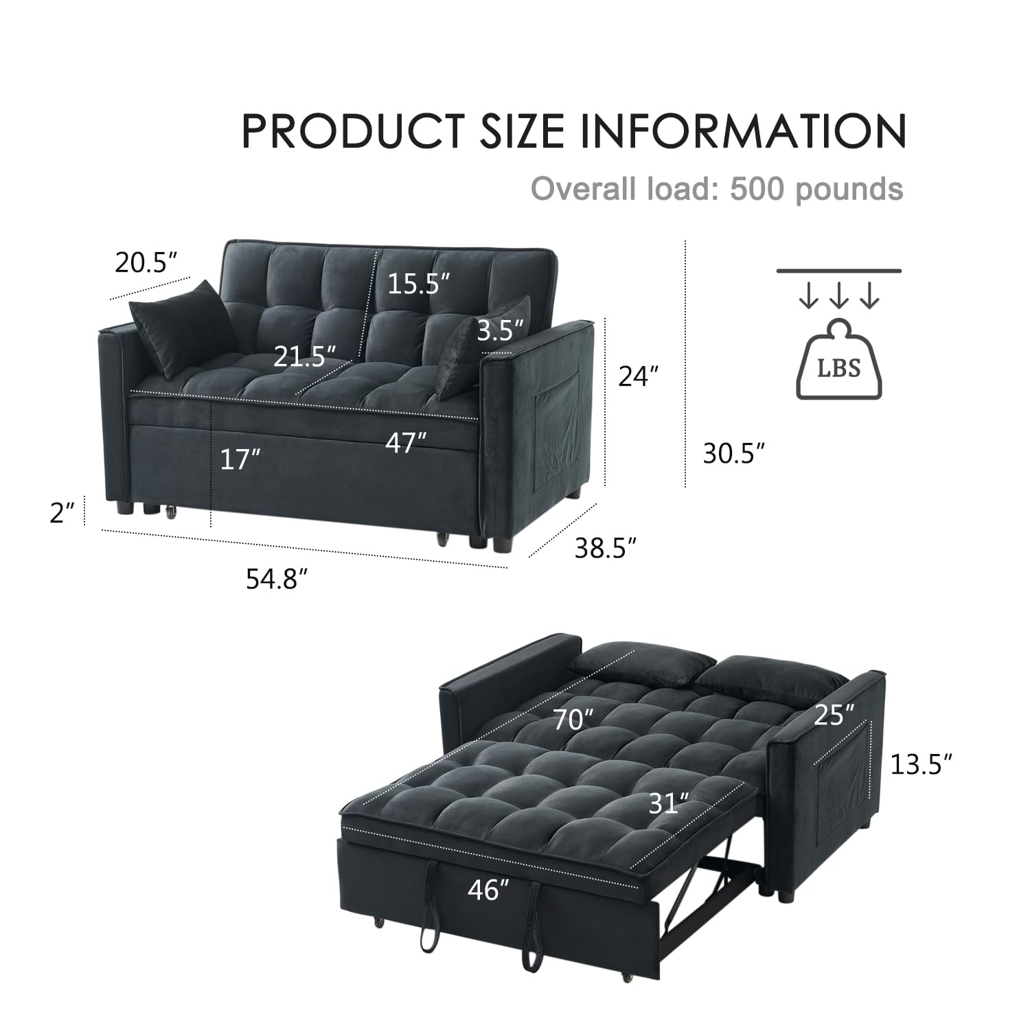 Modern Velvet 3-in-1 Convertible Futon Sofa Bed - Pullout Sleeper Couch with Adjustable Backrest, Storage Pockets & Toss Pillows - Perfect for Small Spaces, Living Room, Bedroom or Guest Room (Black)