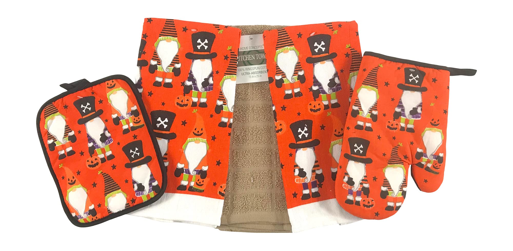 Halloween Gnome Kitchen Dish Towels and Pot Holders Set - 100% Cotton 5-Piece Set (Orange, Black, Green, Purple) - Cute Trick or Treat Themed Kitchen Accessories for Halloween Decor and Cooking