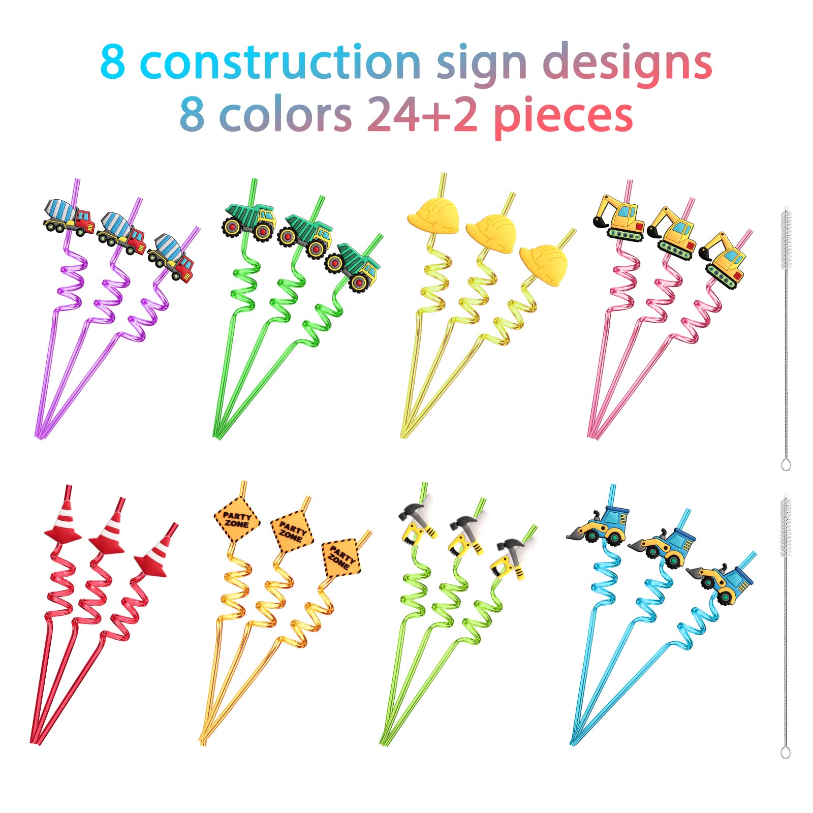 24-Pack Reusable Plastic Construction Toy Straws - Excavator, Bulldozer, Mixer Truck Set for Kids | Construction Theme Birthday Party Favors & Gifts | Includes 2 Cleaning Brushes | Perfect for Construction-Themed Parties, Classroom Rewards & STEM Learning Activities