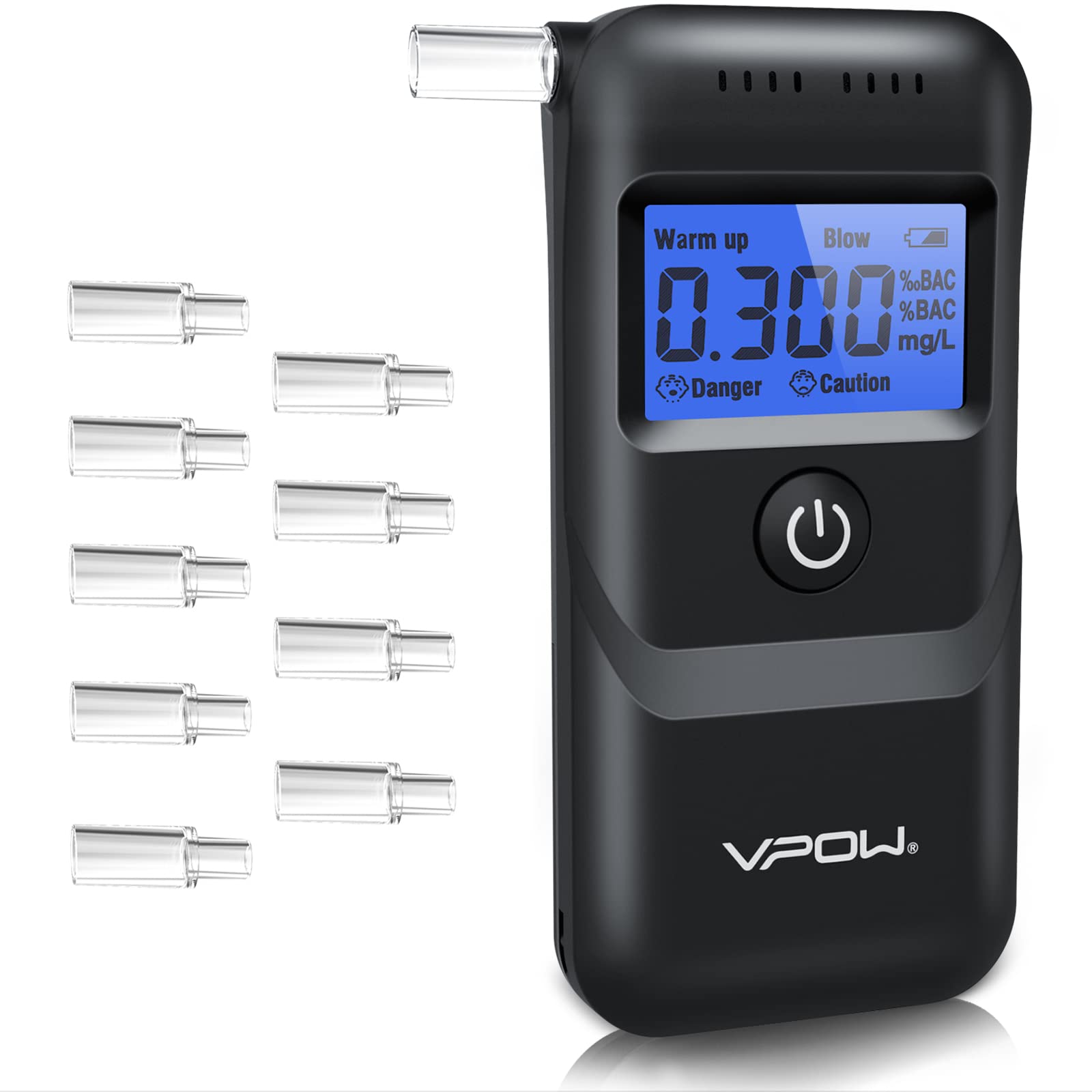 VPOW Digital Alcohol Breathalyzer Tester with Blue LCD Display - High Accuracy Personal & Professional Breath Alcohol Test Device for Home, Workplace, and Law Enforcement Use - Black