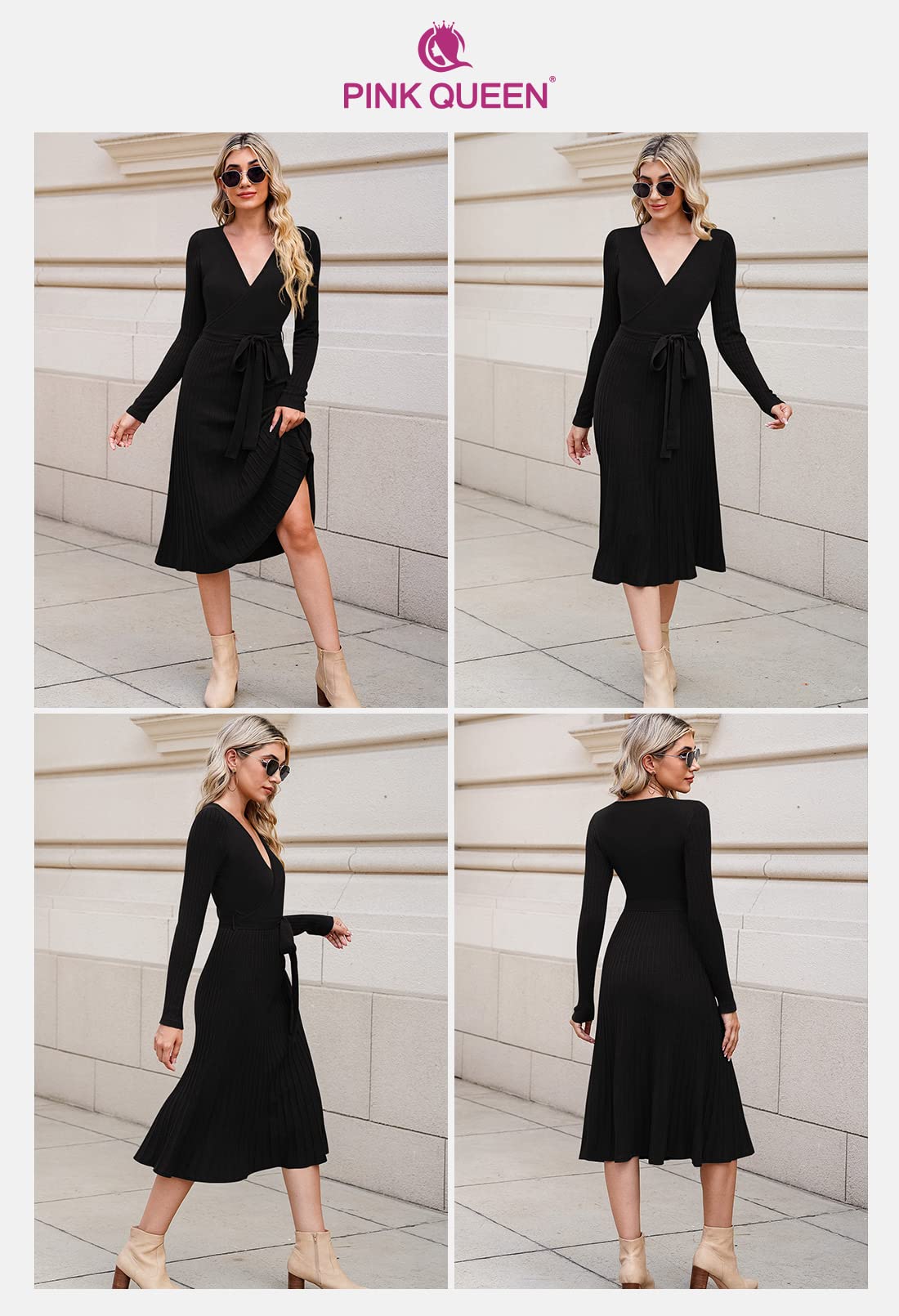 Pink Ribbed Knit Wrap Sweater Dress for Women - V Neck Long Sleeve Midi Dress with Belt | Casual Office Wear, Fall Winter Outfits, Date Night Dresses