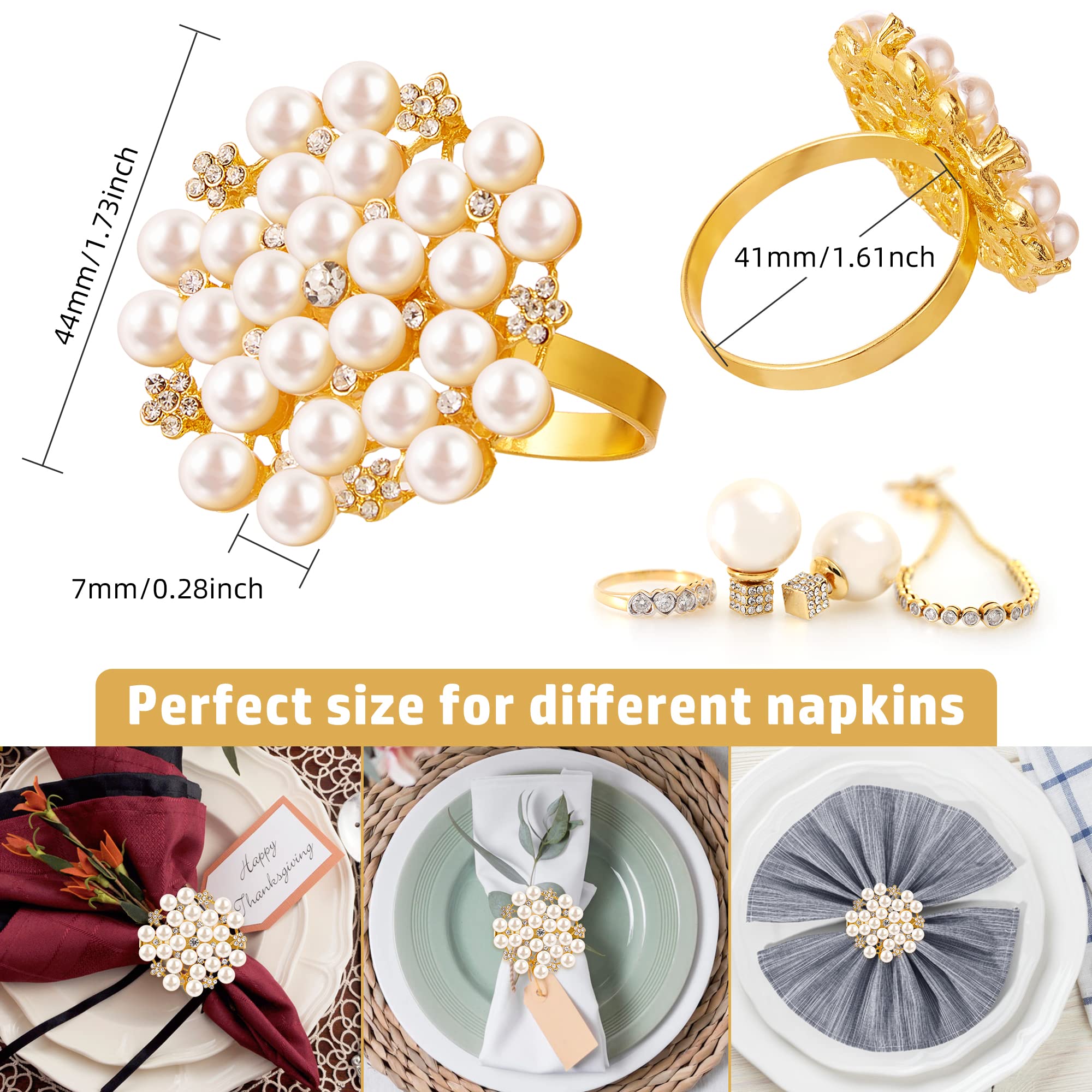 ZeeDix 8-Pack Rhinestone Pearl Napkin Rings - Elegant Gold Serviette Holders for Wedding, Christmas, Thanksgiving & Holiday Dinner Table Decor - Perfect for Formal Dining, Party Settings & Special Occasions
