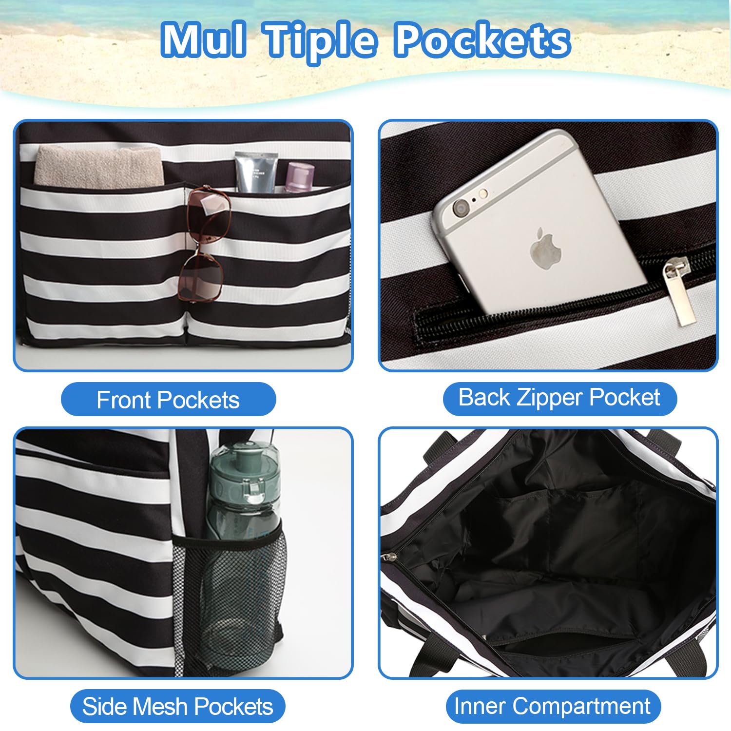 Waterproof Large Beach Tote Bag for Women with Zipper - Swim Pool Bag for Travel, Vacation & Summer Outings - Perfect for Beach Trips, Pool Parties and Weekend Getaways