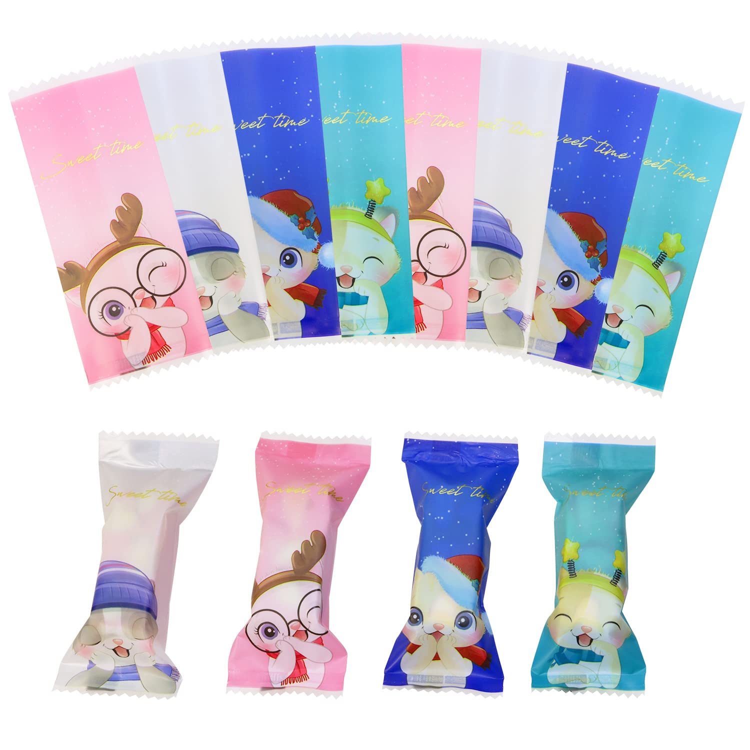 Penta Angel Nougats Candy Bags - 400Pcs Clear Plastic Caramel Wrappers for Christmas Party, DIY Candy Making & Gift Packaging (Colored Cats Design) - Perfect for Holiday Treats, Birthday Favors & Wedding Candy Buffets