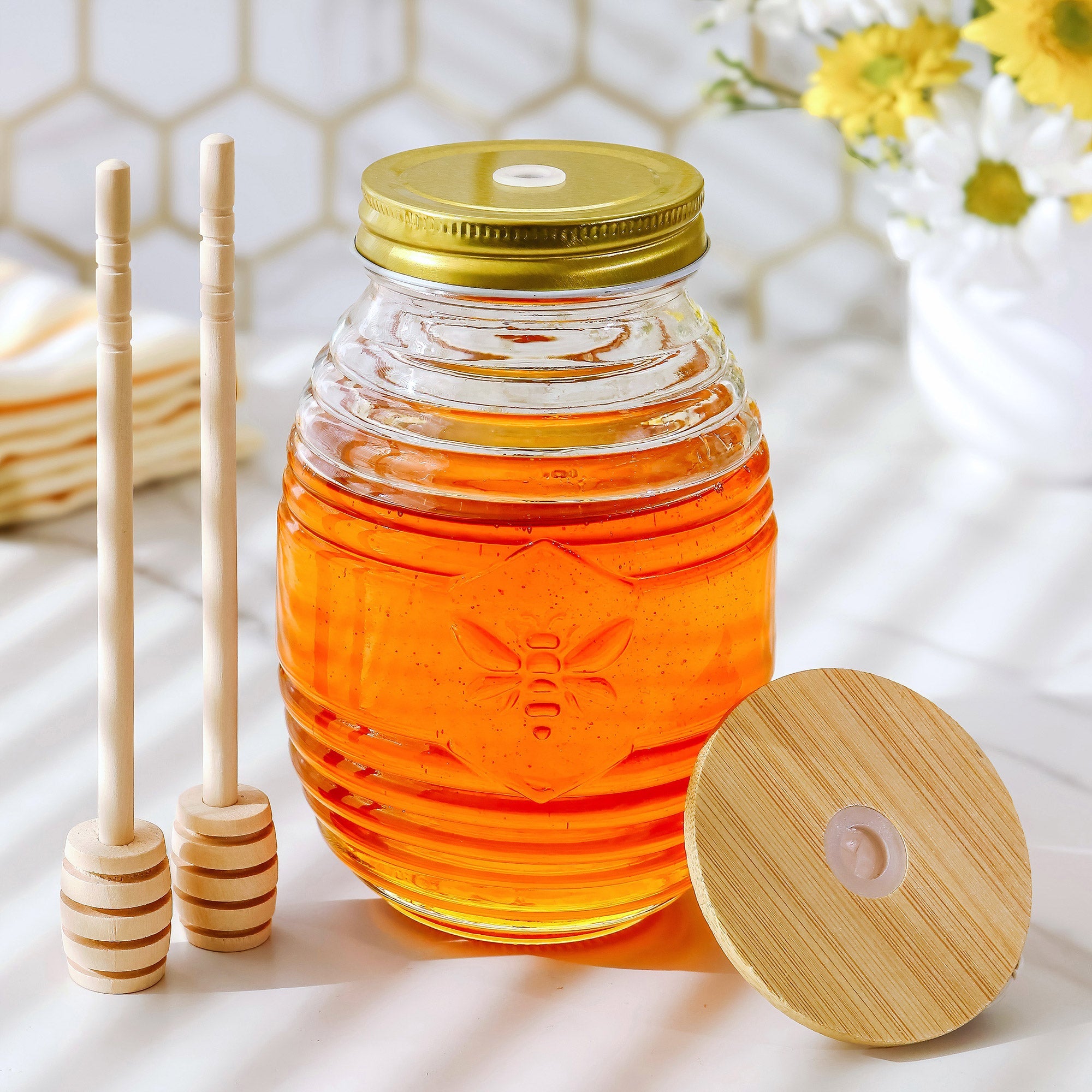 Premium Glass Honey Jar with Stainless Steel Dipper Set - Includes 2 Lids & 2 Dippers for Easy Pouring - Perfect for Raw Honey Storage, Tea Sweetener, and Gift Giving