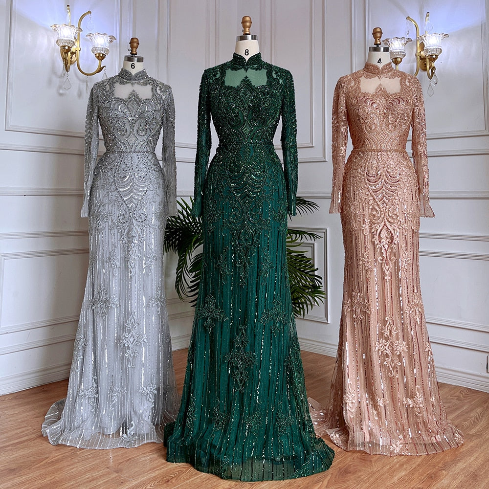 Serene Hill Muslim Green Mermaid Lace Beaded Crystal Luxury Dubai Evening Dress for Women - Elegant Wedding & Party Gown 2025 (LA71983) | Perfect for Formal Events, Bridal Showers & Special Occasions