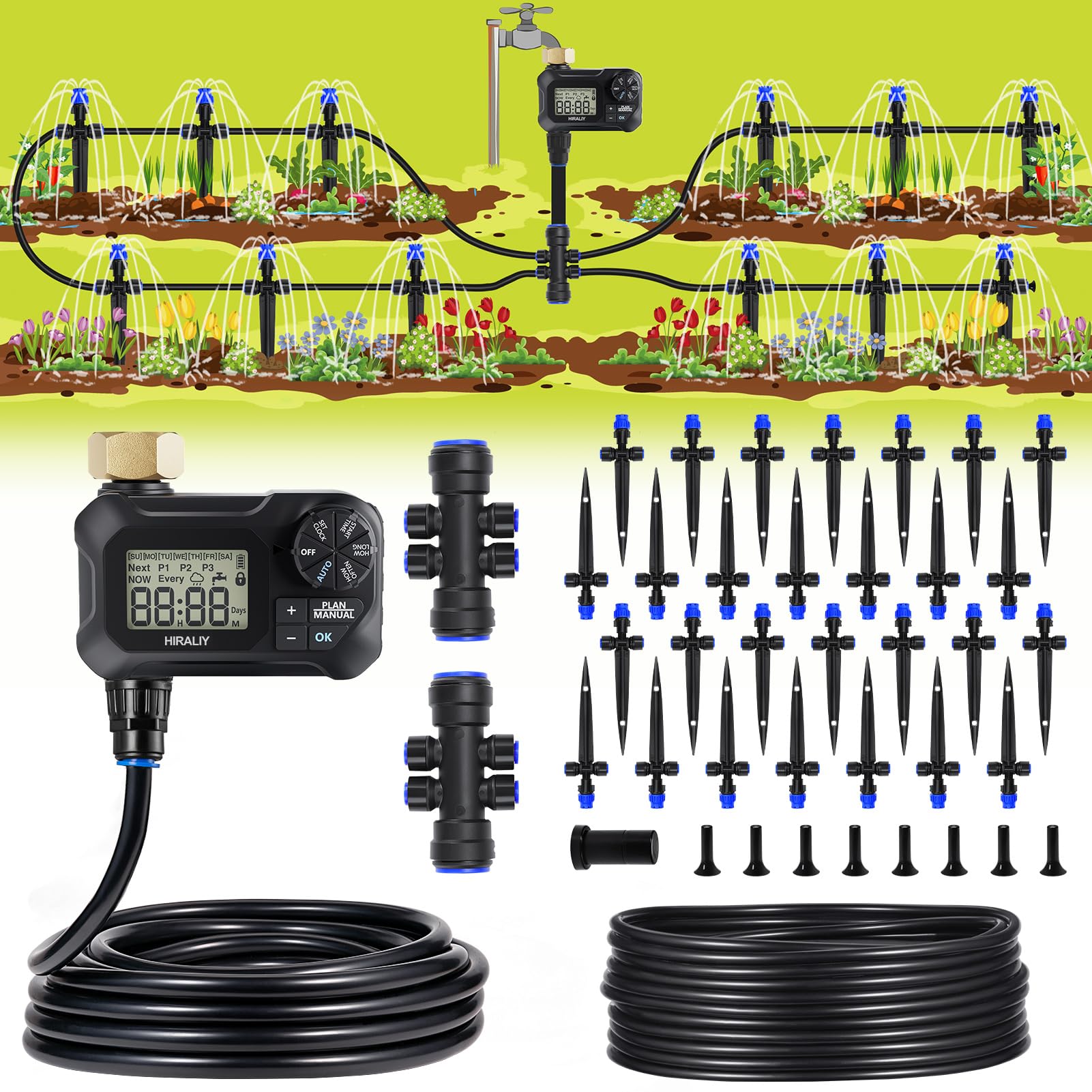 HIRALIY 118FT Automatic Drip Irrigation Kit with Digital Timer - Garden Watering System for Patio, Lawn & Greenhouse - Quick Connect Design with Programmable Water Timer - Perfect for Raised Beds, Vegetable Gardens & Container Plants