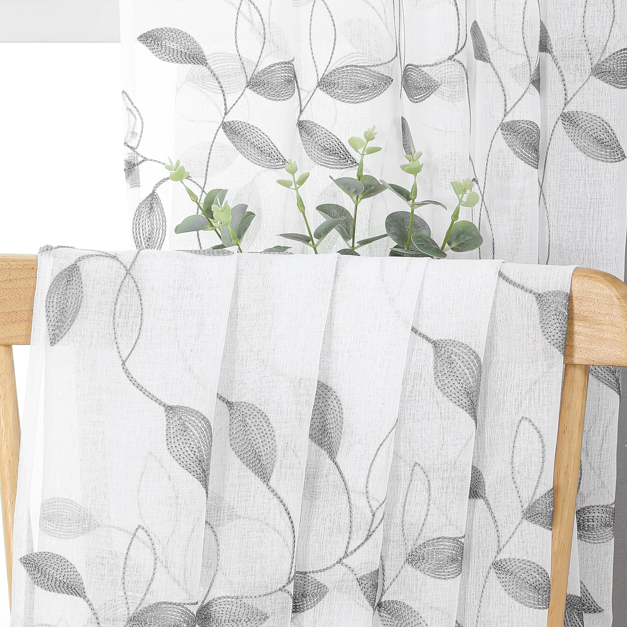 Grey Leaf Sheer Tier Curtains - Embroidered Voile Kitchen & Bathroom Window Panels with Rod Pocket, 30 x 24 Inches, Set of 2 - Perfect for Home, Cafe, and Office Decor