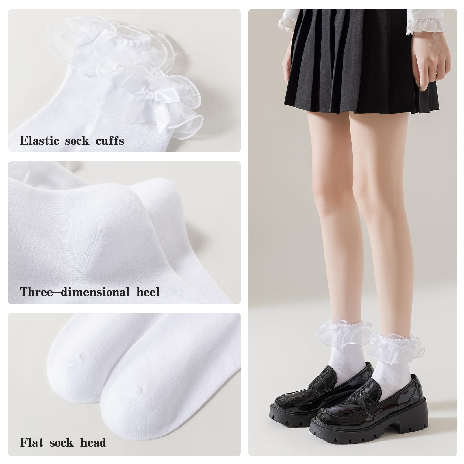 SEMOHOLLI Women's Lace Ruffle Ankle Socks - Cute Cotton Frilly Socks with Bow Trim for Casual Wear, Outfits & Gifts