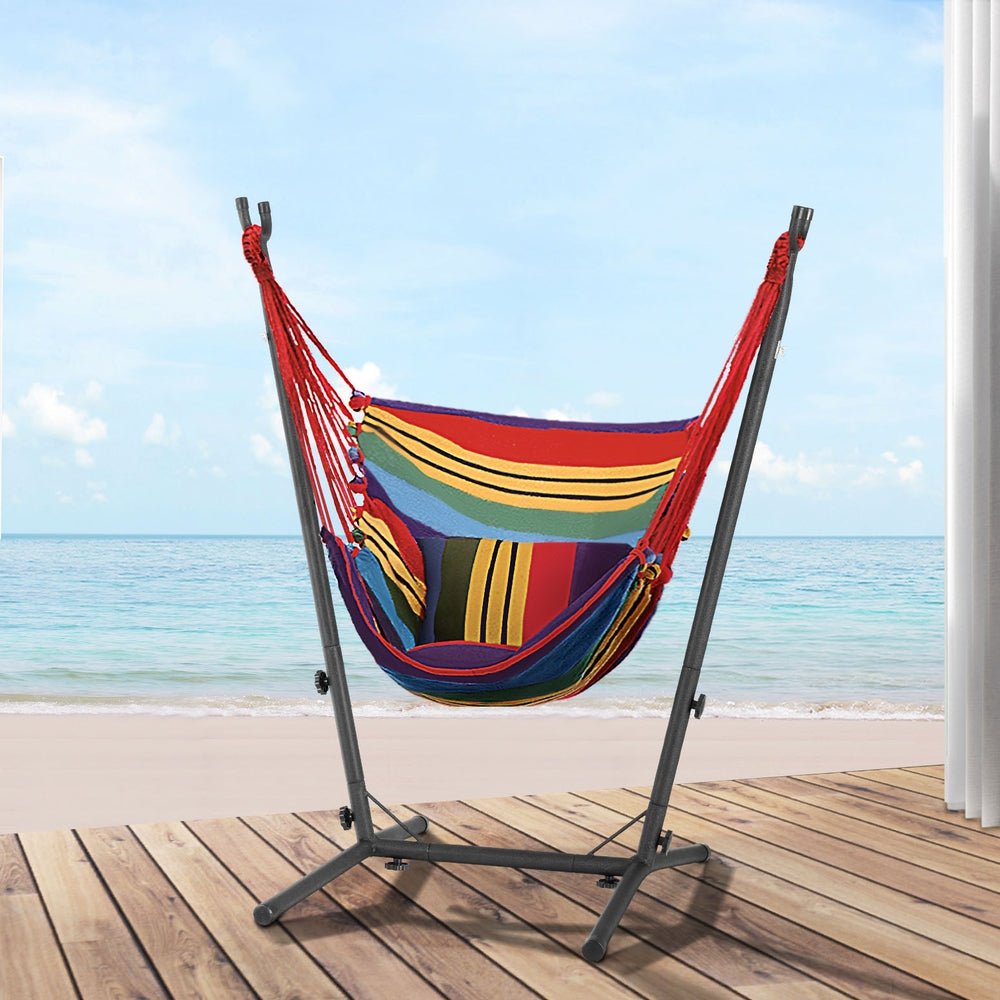 Rainbow Hammock Chair with Stand - Portable Hanging Swing for Outdoor Camping, Backyard Relaxation & Indoor Decor