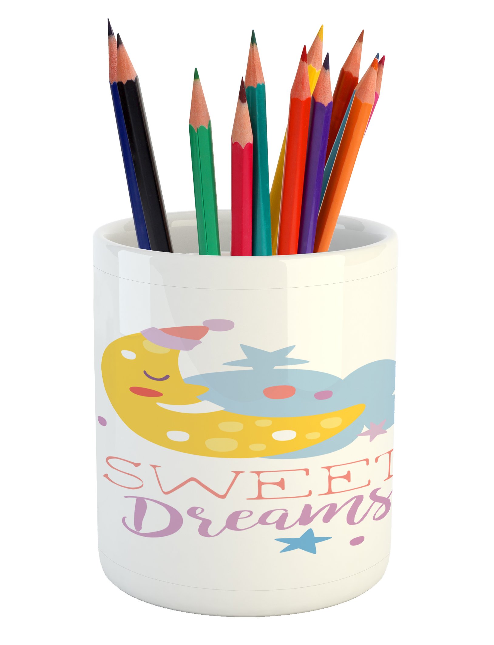 Ambesonne Ceramic Pen Holder with Colorful Hand Lettering, Stars & Moon Design - Stylish Desk Organizer for Office & Home Use | Perfect for Pencils, Pens & Stationery