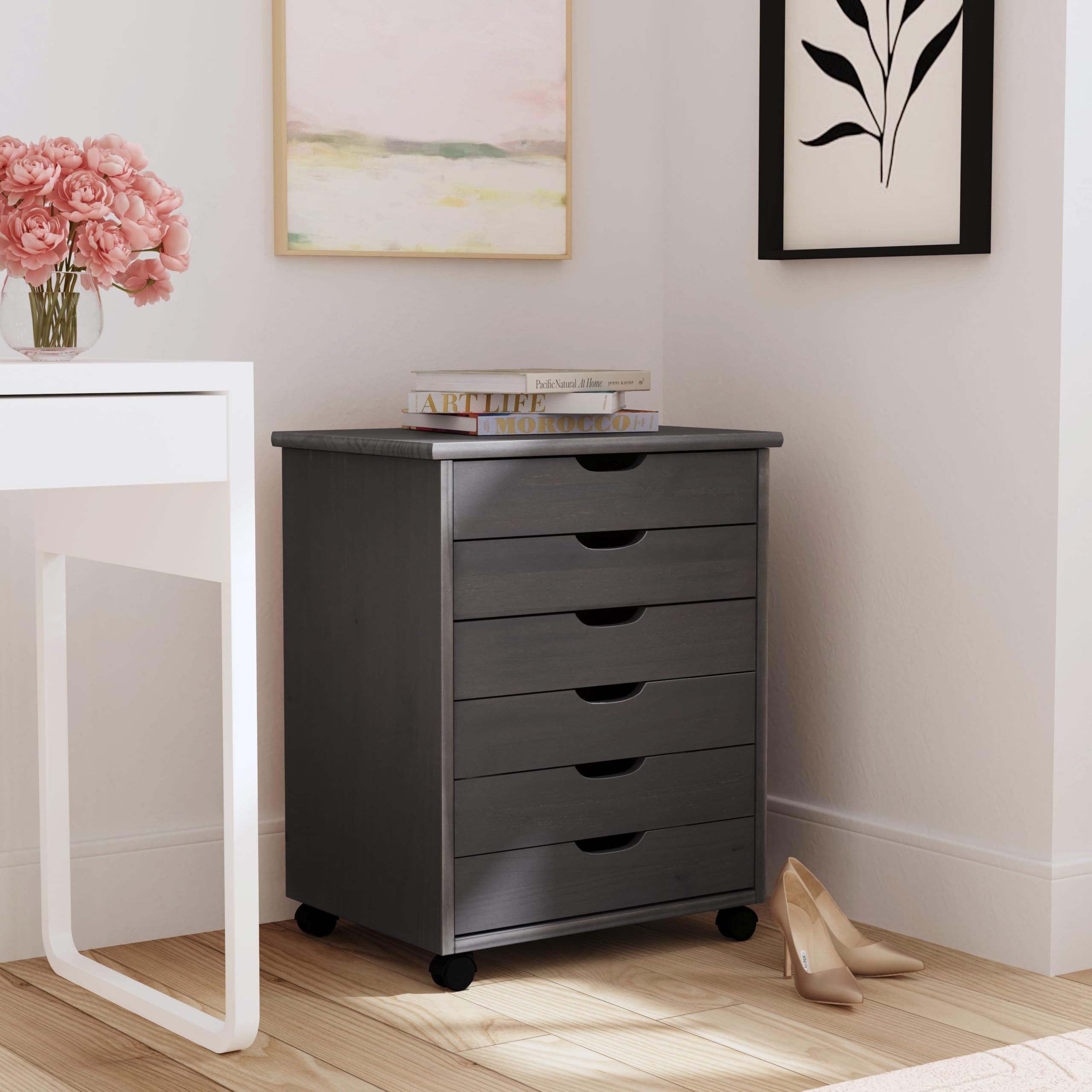 Linon Corinne 6-Drawer Wide Rolling Storage Cart with Wheels, Grey - Perfect for Bedroom, Bathroom, Office & Kitchen Organization