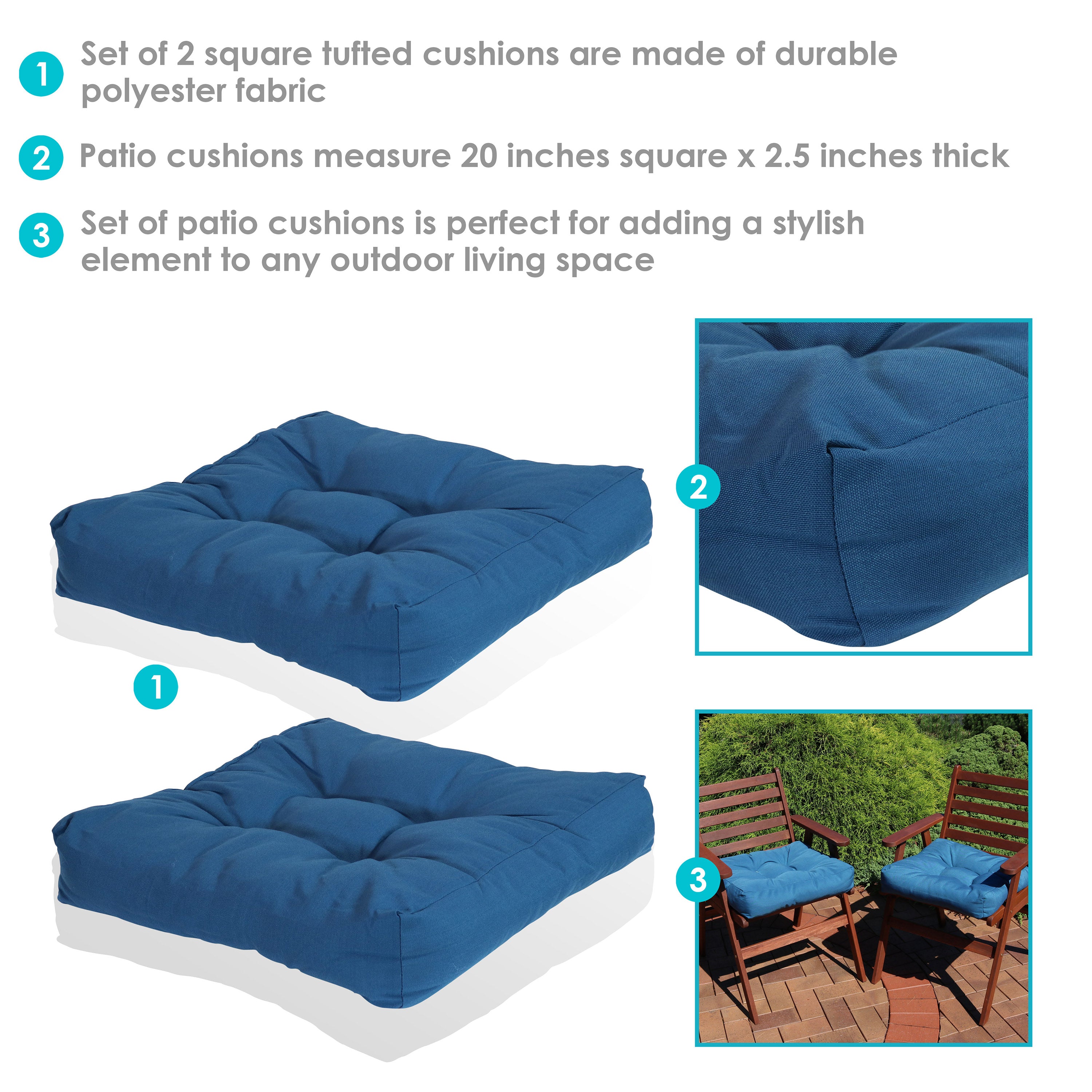 Sunnydaze Set of 2 Olefin Tufted Outdoor Square Patio Cushions - Waterproof & UV Resistant - Perfect for Patio Furniture, Poolside Lounging & Garden Decor