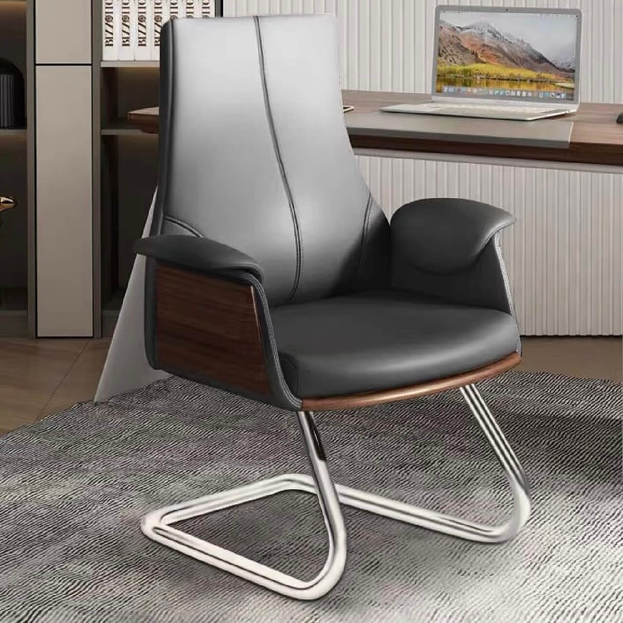 Minimalist Gray Leather Arc Office Chair with Flared Arms & Silver Metal Legs - Ergonomic Desk Chair for Home Office, Study, or Workspace