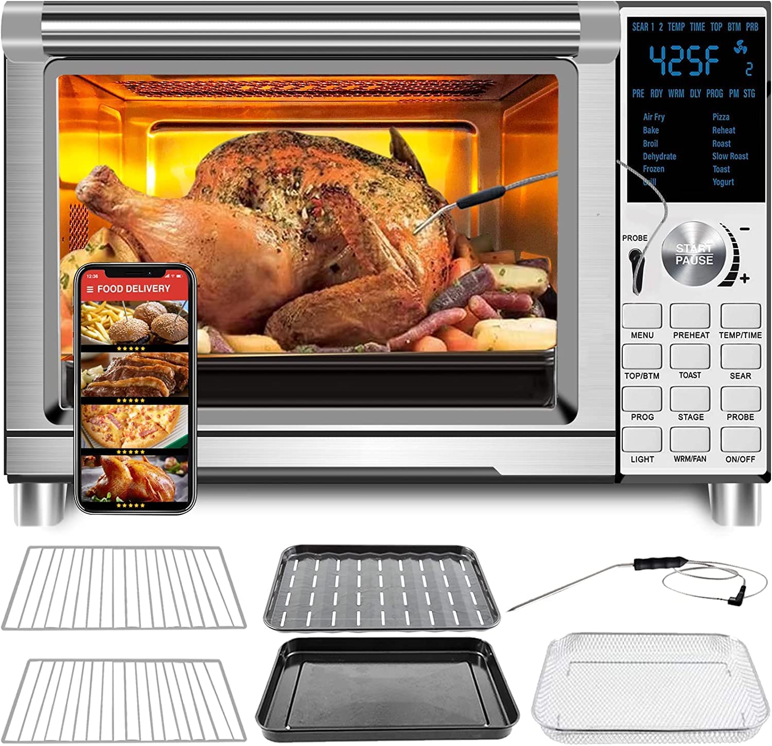 Nuwave Bravo XL 30-QT 12-in-1 Air Fryer Toaster Smart Oven with Convection - 50°F to 500°F Temperature Control, Adjustable Top/Bottom Heat (0%-100%) - Brushed Stainless Steel Countertop Oven (Renewed) - Perfect for Baking, Roasting, Air Frying & Family Meal Prep