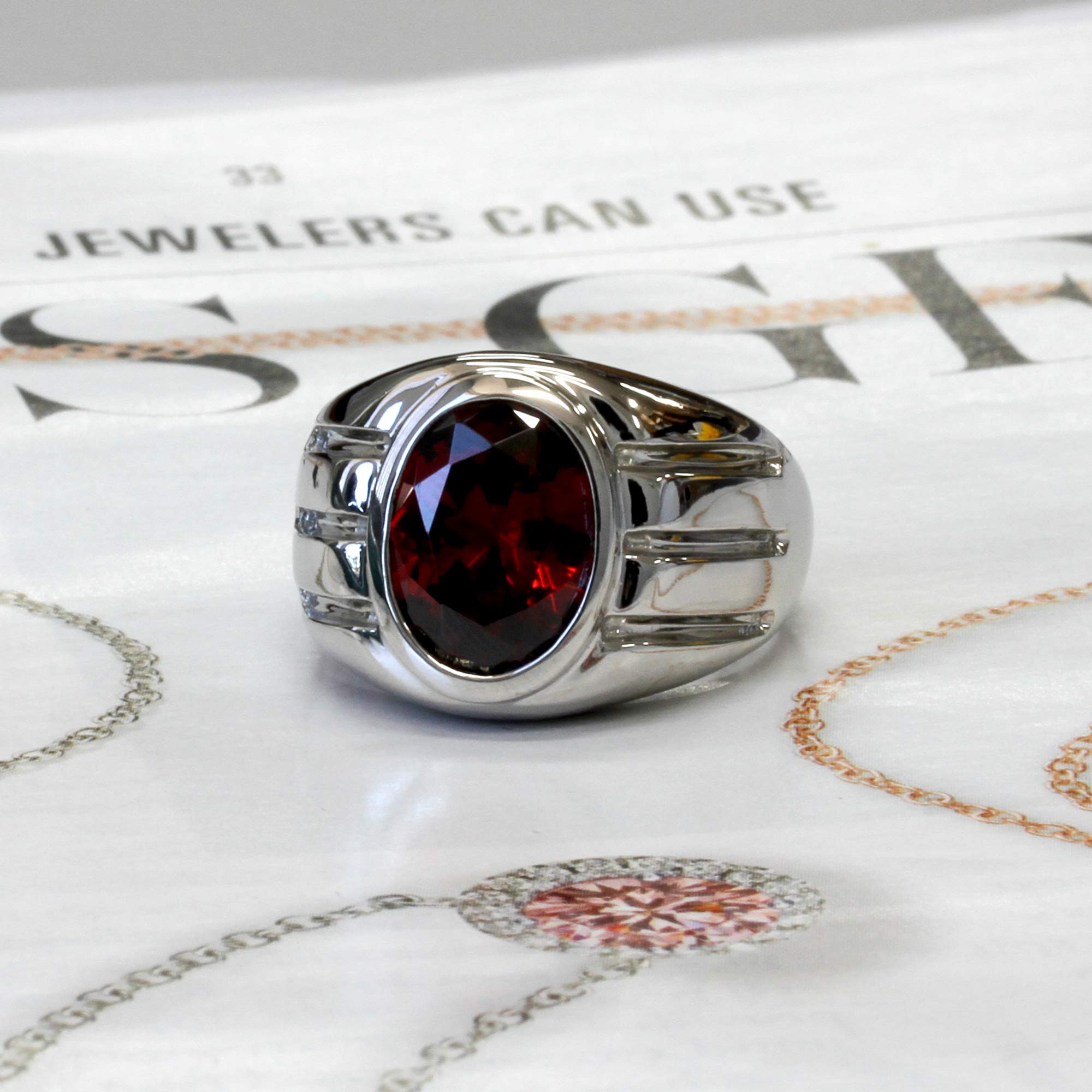 Sterling Silver Men's Oval Cut Simulated Garnet CZ Domed Ring 11MM (Size 8-15) - Perfect for Weddings, Anniversaries & Special Occasions