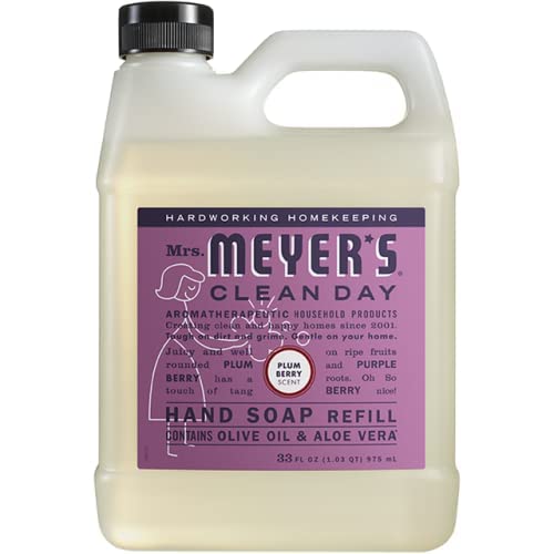 Mrs. Meyer's Clean Day Plum Berry Scent Hand Soap Refill - 33 Fl Oz (Pack of 4) | Plant-Derived Ingredients, Cruelty-Free | Perfect for Kitchen, Bathroom & Office Use