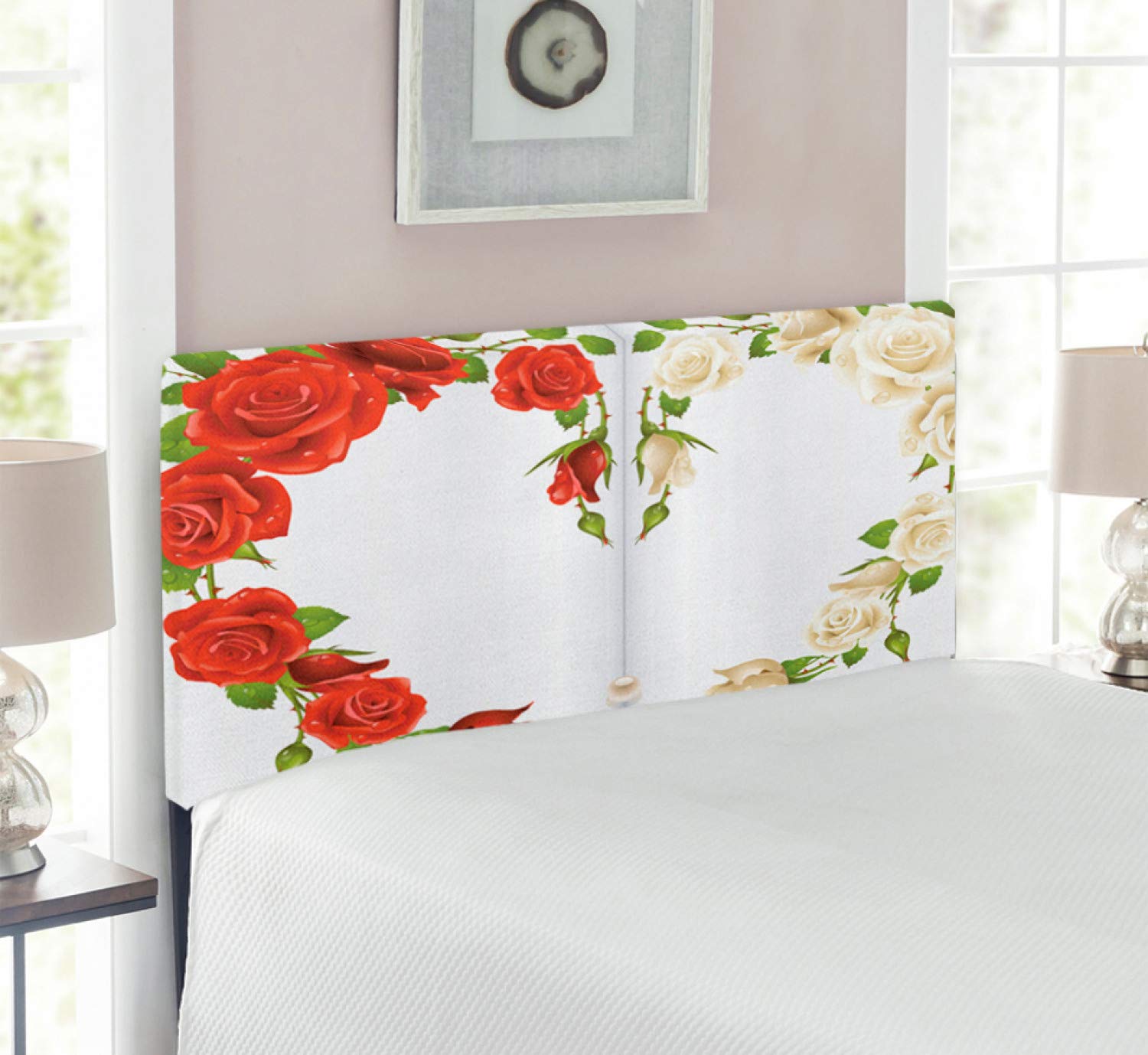 Ambesonne Pearls Upholstered Headboard - Romantic Rose Heart Bouquet Art Print, Decorative Metal Bed Frame with Memory Foam, Twin Size (Red/White/Green) for Bedroom Decor, Wedding Gift & Anniversary Celebration