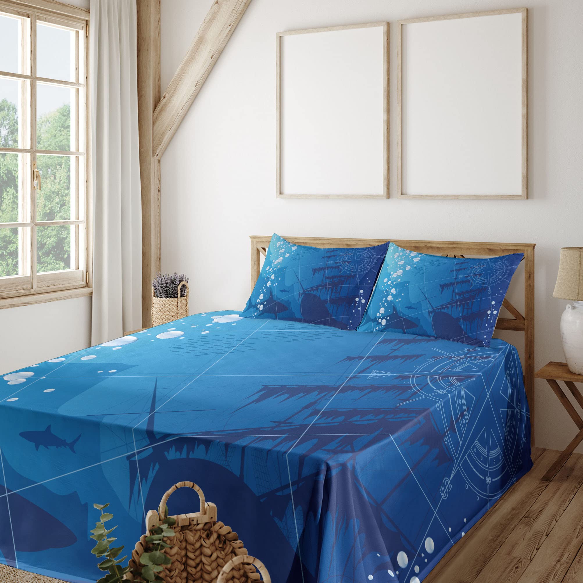 Ambesonne Nautical Shark & Ship Compass Bed Sheet Set - 3 Piece Twin XL Blue White Underwater Theme Bedding with Fitted Sheet, Flat Sheet & Pillowcase - Perfect for Kids' Rooms, Beach Houses & Ocean Lover Decor