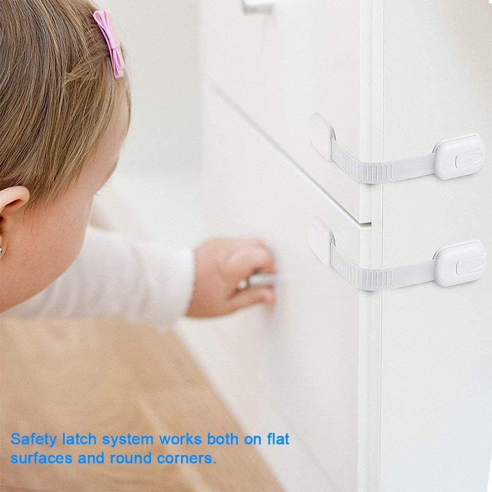10 Pack White Baby Safety Cabinet Locks - Child Proof Strap Latches for Cupboards, Drawers, Appliances, Toilet Seats & More | Self-Adhesive & Adjustable | Perfect for Kitchen, Bathroom & Nursery Safety