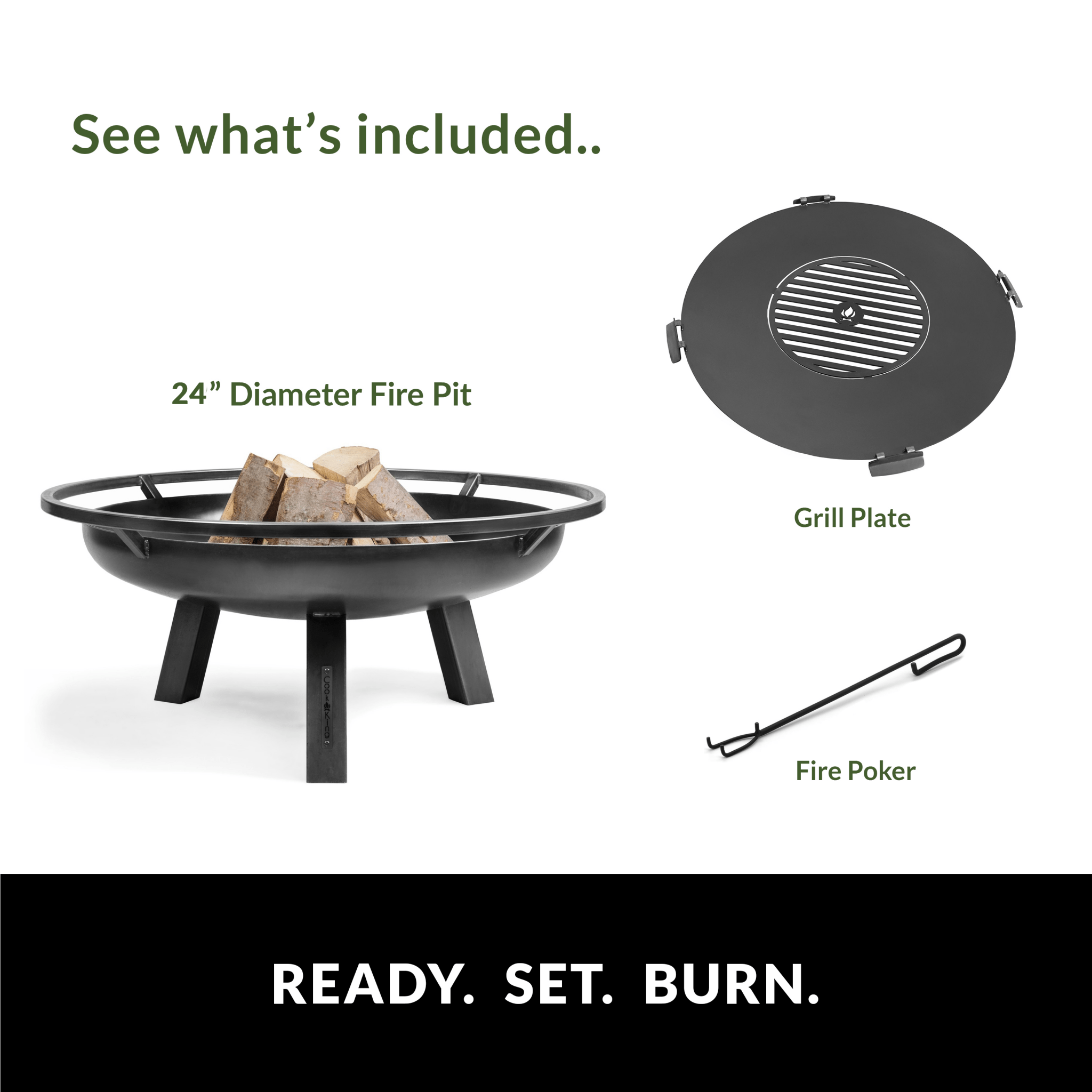 Porto 24-Inch Outdoor Fire Pit with Removable Grill Plate - Perfect for Backyard Camping, Patio Gatherings & BBQ Parties