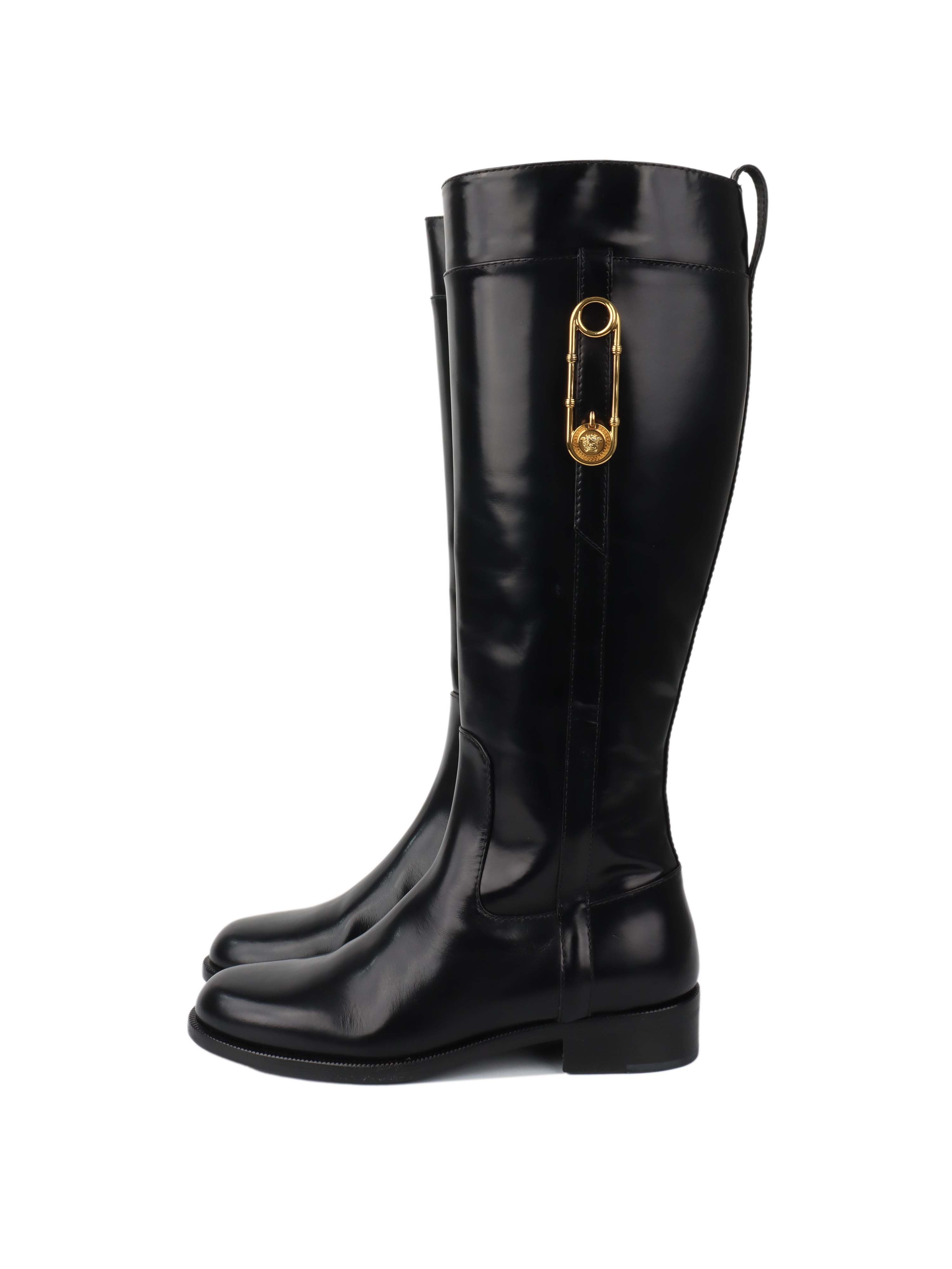 Versace Black Leather Riding Boots for Women - Stylish Equestrian & Fashion Boots for Horseback Riding & Everyday Wear