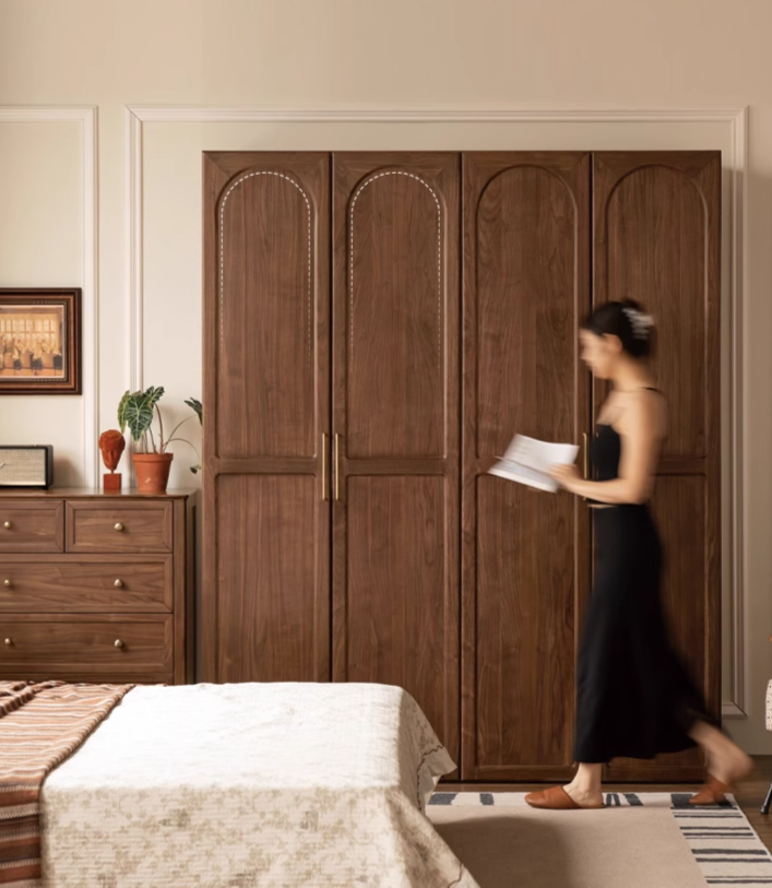 Vintage French Style Black Walnut Solid Wood Wardrobe - Classic Retro Closet for Bedroom & Living Room Storage
