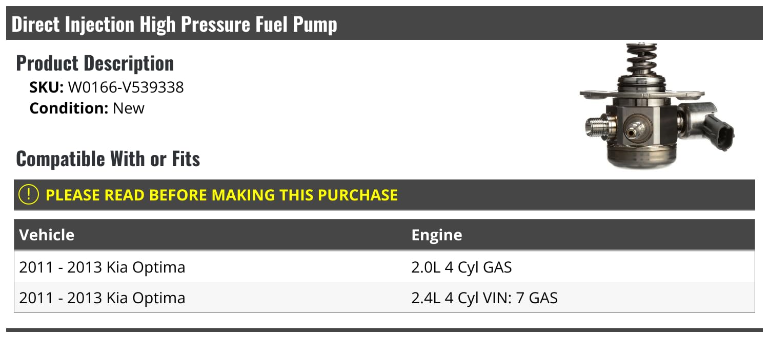 High Pressure Fuel Pump for 2011-2013 Kia Optima 2.4L GDI Engine - Direct Injection Replacement Part - Perfect for Improved Fuel Efficiency & Engine Performance