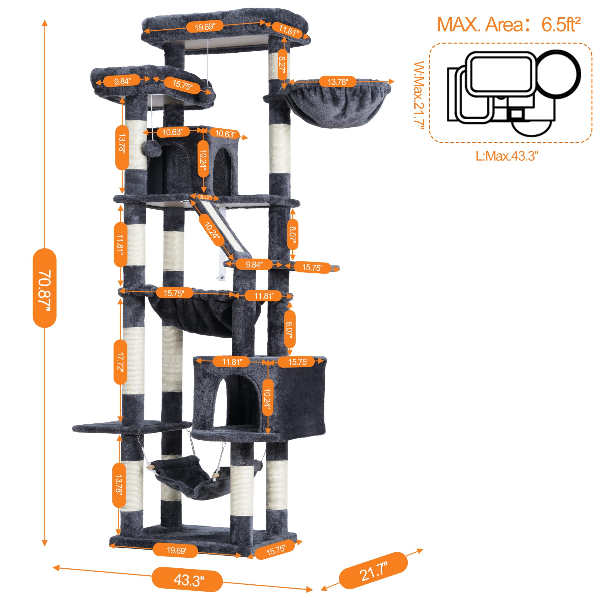 Heybly 71-Inch Tall Cat Tree for Indoor Cats - 2 Perches, 2 Large Condos, 2 Hammocks, Basket & Scratching Pad - Durable Cat Furniture Tower in Smoky Gray (HCT034G) - Perfect for Play, Rest & Scratching in Living Rooms & Bedrooms