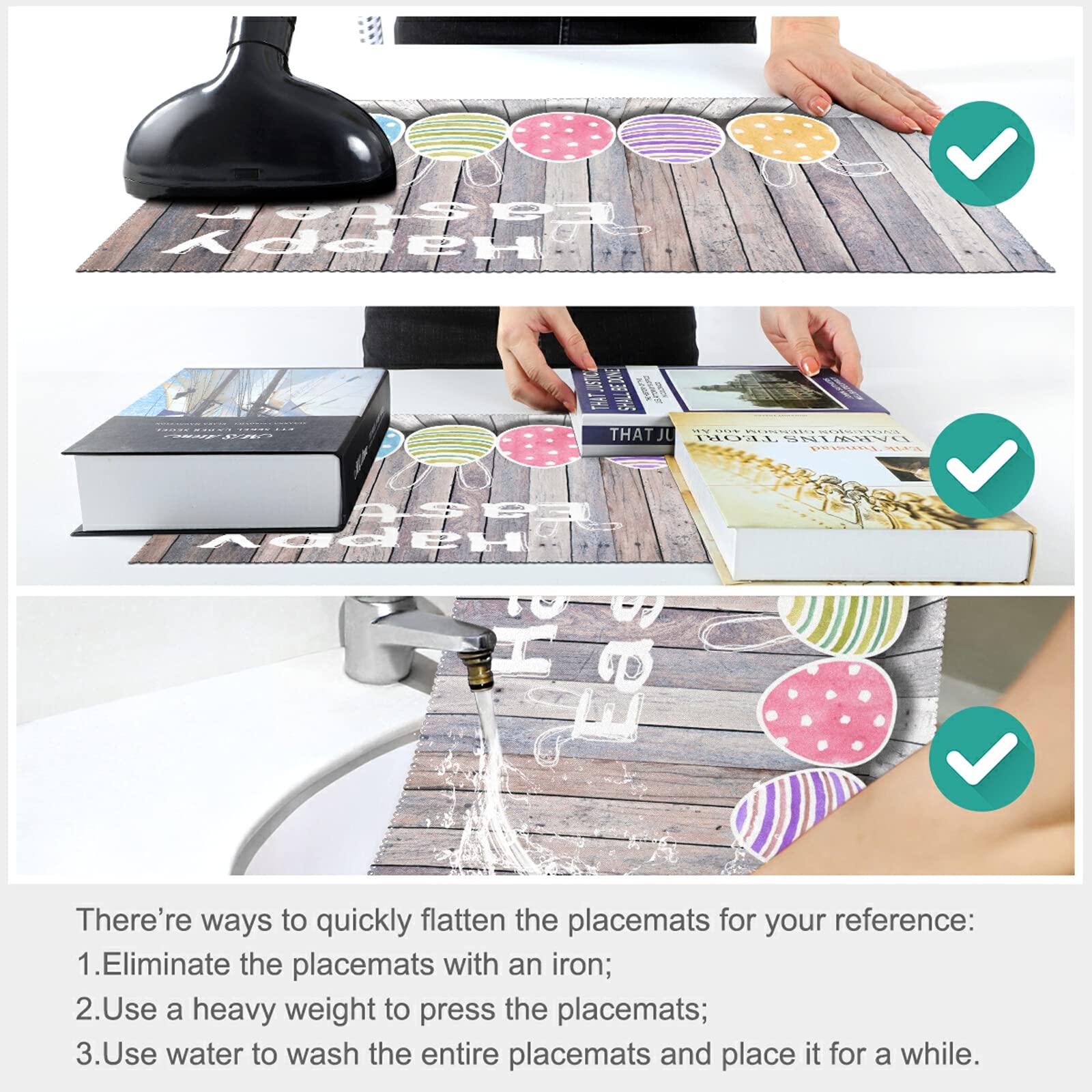 Easter Placemats Set of 4 - Non-Slip Wooden Easter Egg Design, Heat-Resistant & Washable Table Mats for Kitchen Dining - 12