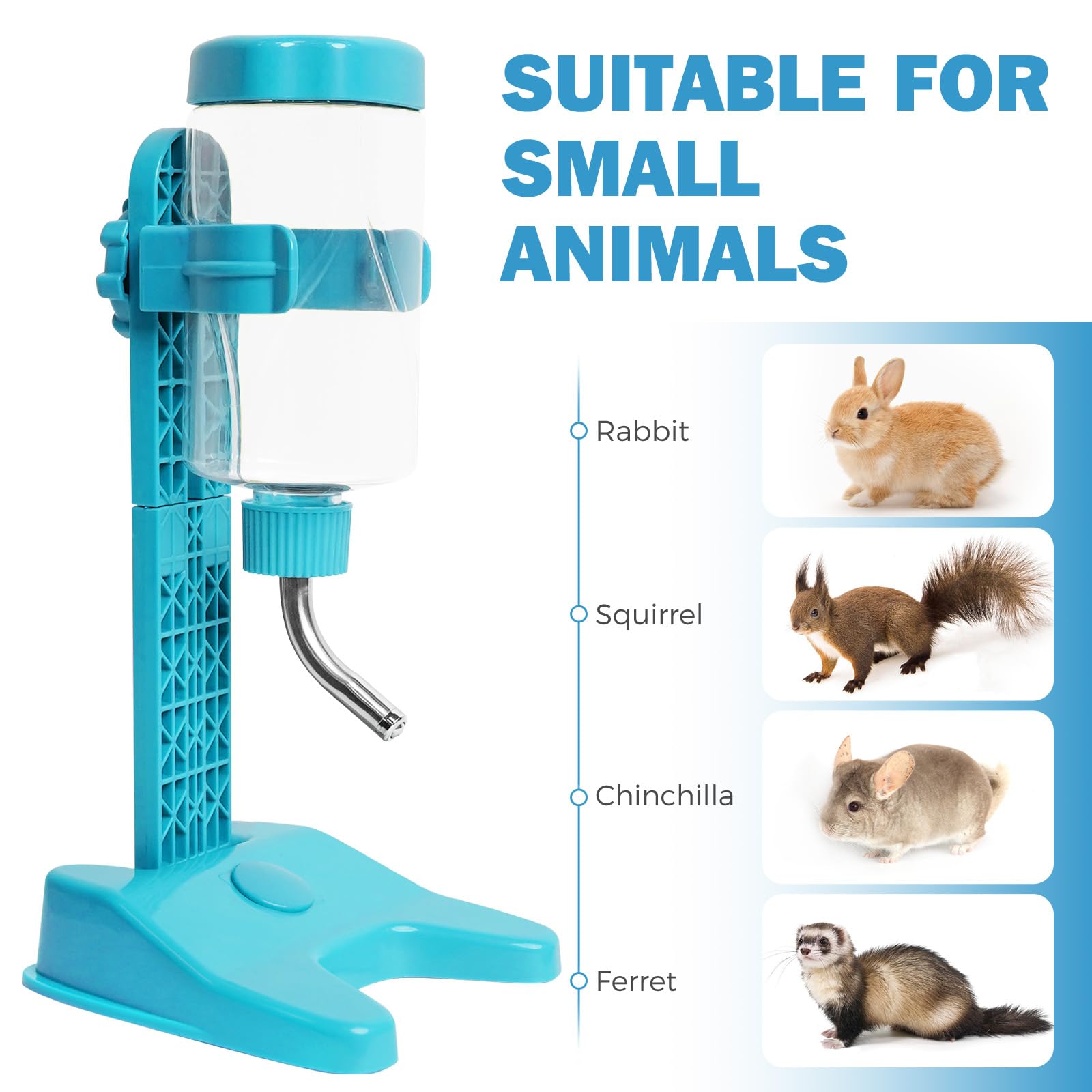 VANNON Top Fill Pet Water Dispenser - 13oz Leakproof Dog Water Bottle with Stand, Adjustable Height, BPA Free for Small Animals - Ideal for Travel, Cages & Outdoor Use, Blue