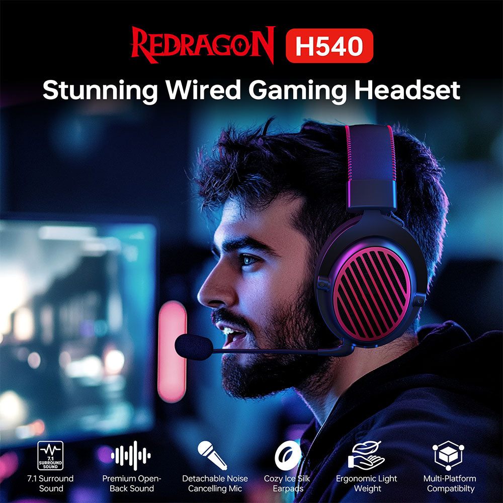 Redragon H540 7.1 Surround Sound Open Back Wired Gaming Headset with Microphone - Noise Cancelling Over-Ear Headphones for PC, PS4, Xbox - Perfect for FPS Gaming & Streaming