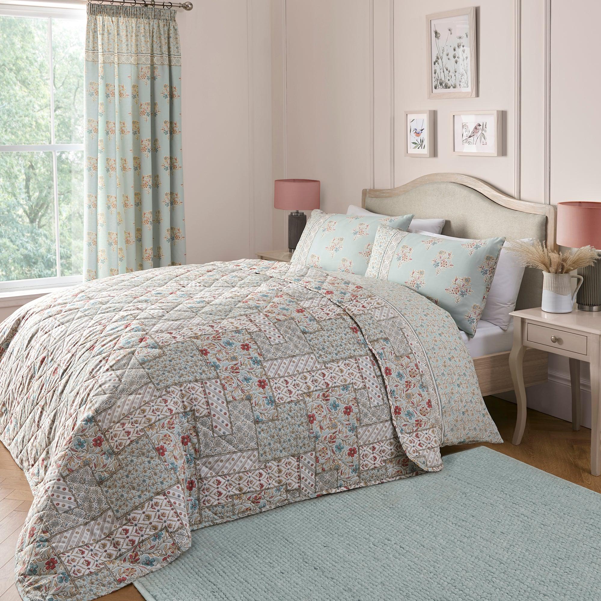 Dreams & Drapes Lorena Patchwork Bedspread - Queen Size Duck Egg Blue Quilted Coverlet for Bedroom Decor | Soft & Cozy Bedding for Master Bedroom, Guest Room, or Dorm
