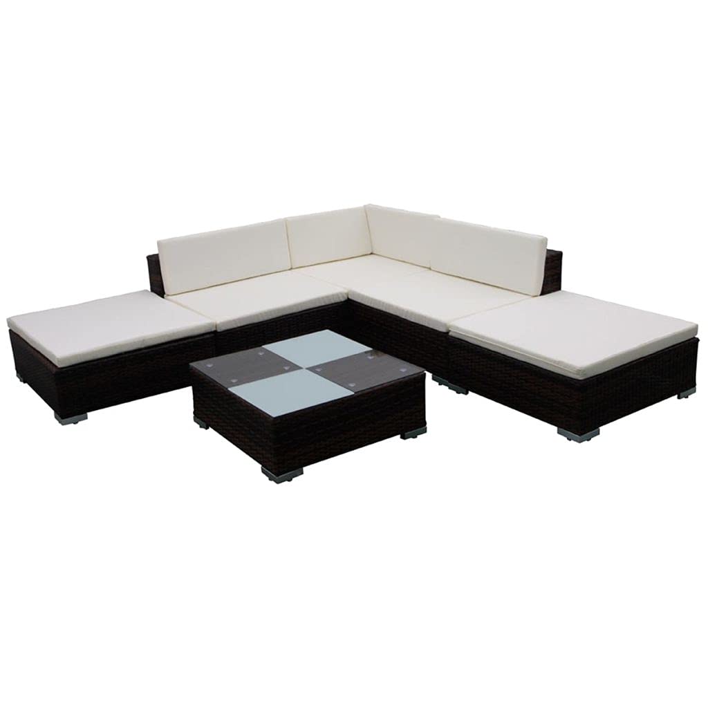 6-Piece Brown Poly Rattan Garden Lounge Set with Cushions & Glass Coffee Table - Outdoor Patio Furniture Sectional Sofa Conversation Set for Backyard, Poolside & Deck Relaxation