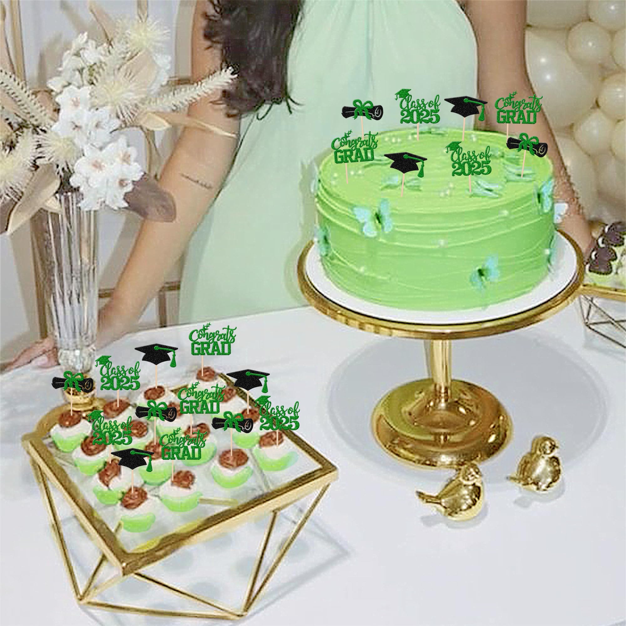 24 PCS Class of 2025 Graduation Cupcake Toppers - Glitter 2025 Congrats Grad Cap & Diploma Cake Decorations - Green Graduation Party Supplies for High School, College Commencement Celebrations
