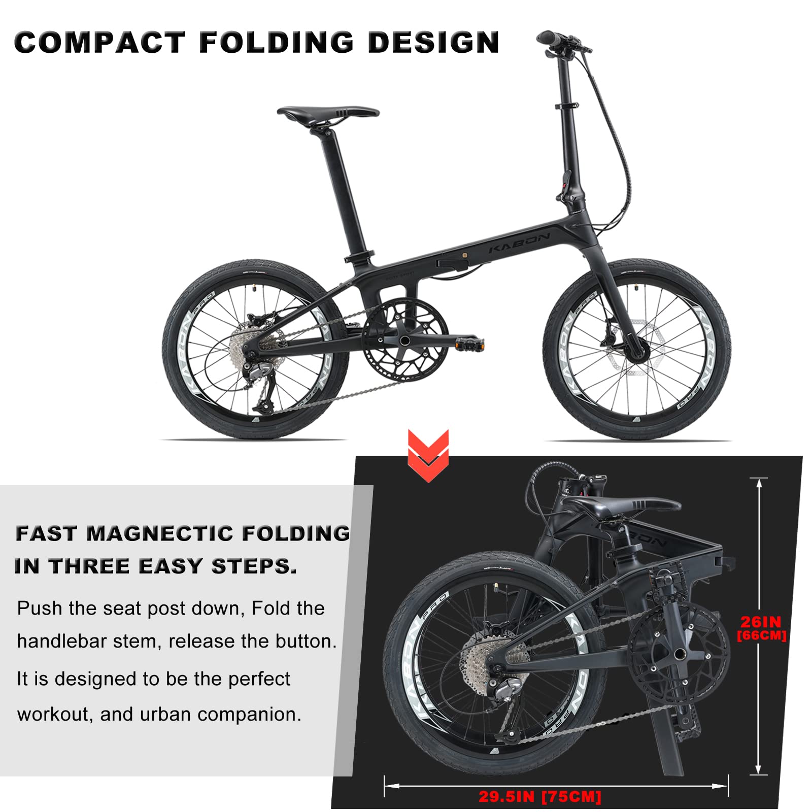 KABON Carbon Fiber Folding Bike for Adults - 20 Inch Wheels, Lightweight Compact Commuter Bicycle for Women & Men - Perfect for City Travel, Public Transport & Small Space Storage