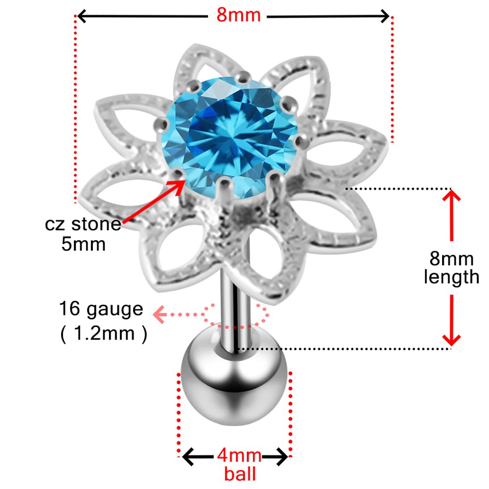 Elegant Jeweled Fancy Flowers Sterling Silver Tragus Bar - Fake Ear Plugs for Cartilage Piercing | Perfect for Parties, Concerts & Everyday Wear