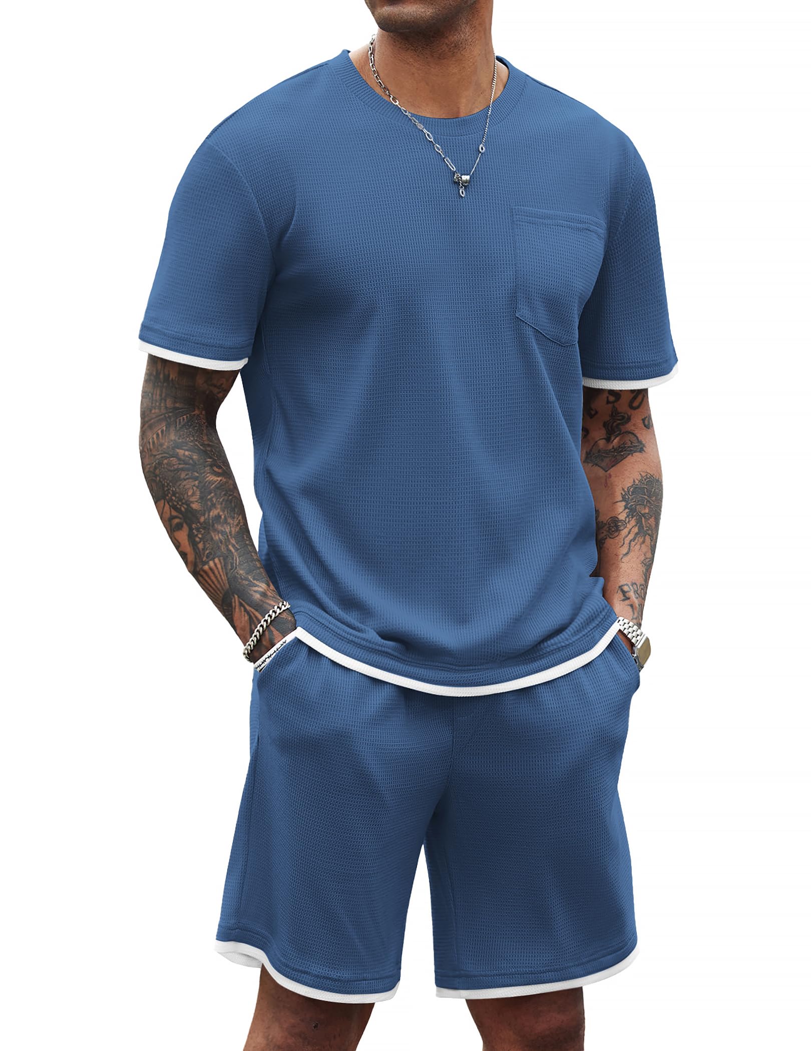 COOFANDY Men's Waffle Knit Shirt and Shorts 2-Piece Lounge Set - Breathable Summer Casual Outfit with Pockets for Home, Gym, and Outdoor Activities