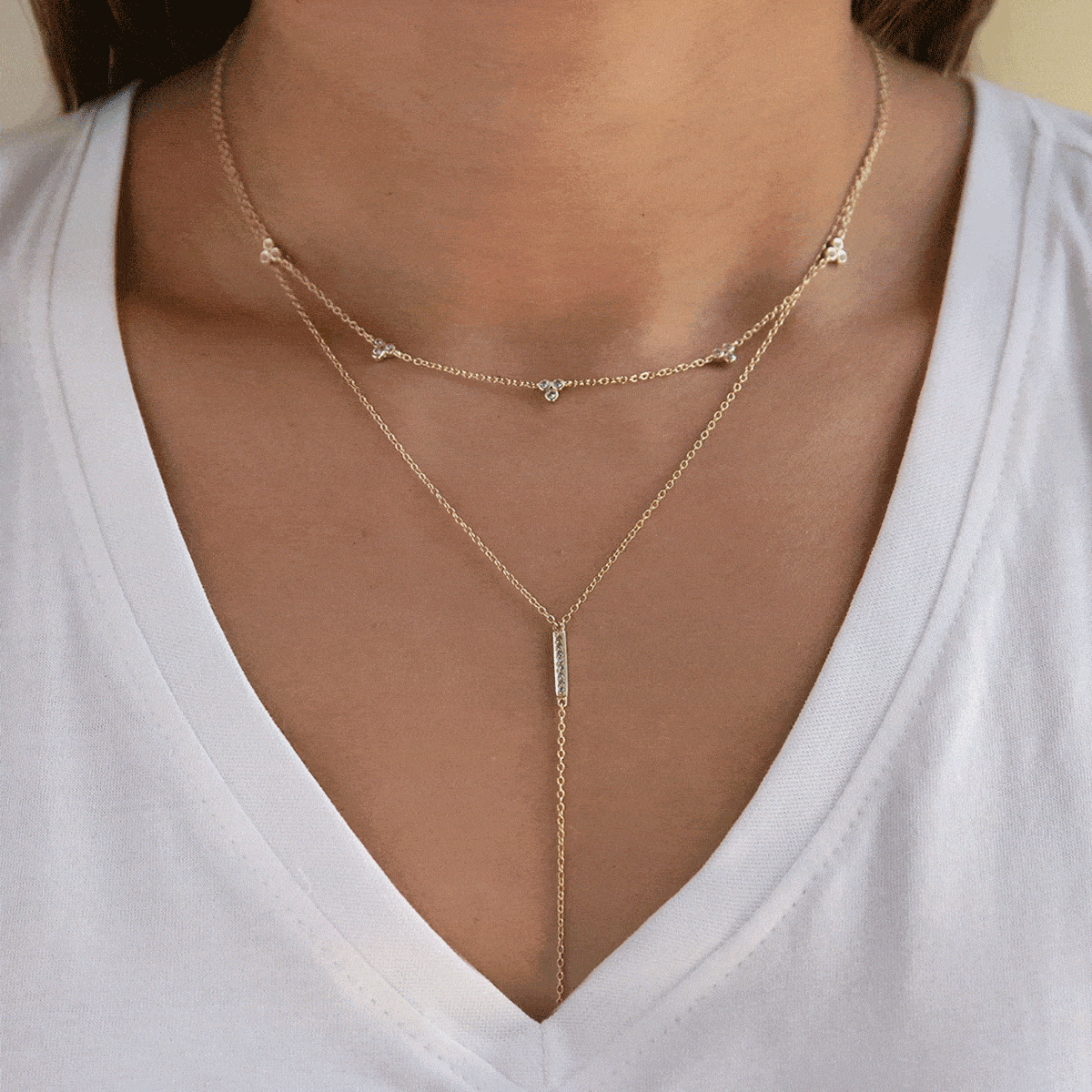 Clover Bar Lariat Layered Necklace - Elegant Gold Layered Chain Pendant for Women - Perfect for Date Night, Office Wear & Special Occasions