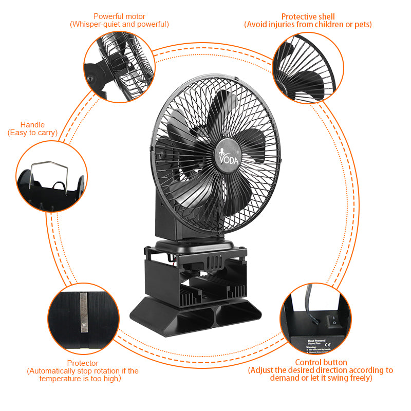 Eco-Friendly Heat Powered Oscillating Stove Fan with Shell Protection - Silent & Efficient for Wood Stoves, Fireplaces & Home Heating - VDSF695RB