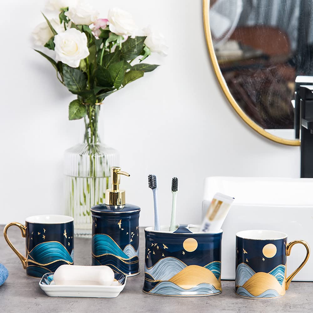 Premium 5-Piece Ceramic Bathroom Accessory Set - Toothbrush Holder, Soap Dispenser, Soap Dish & 2 Toothbrush Mugs - Elegant Bathroom Decor for Modern Homes, Apartments & Guest Bathrooms