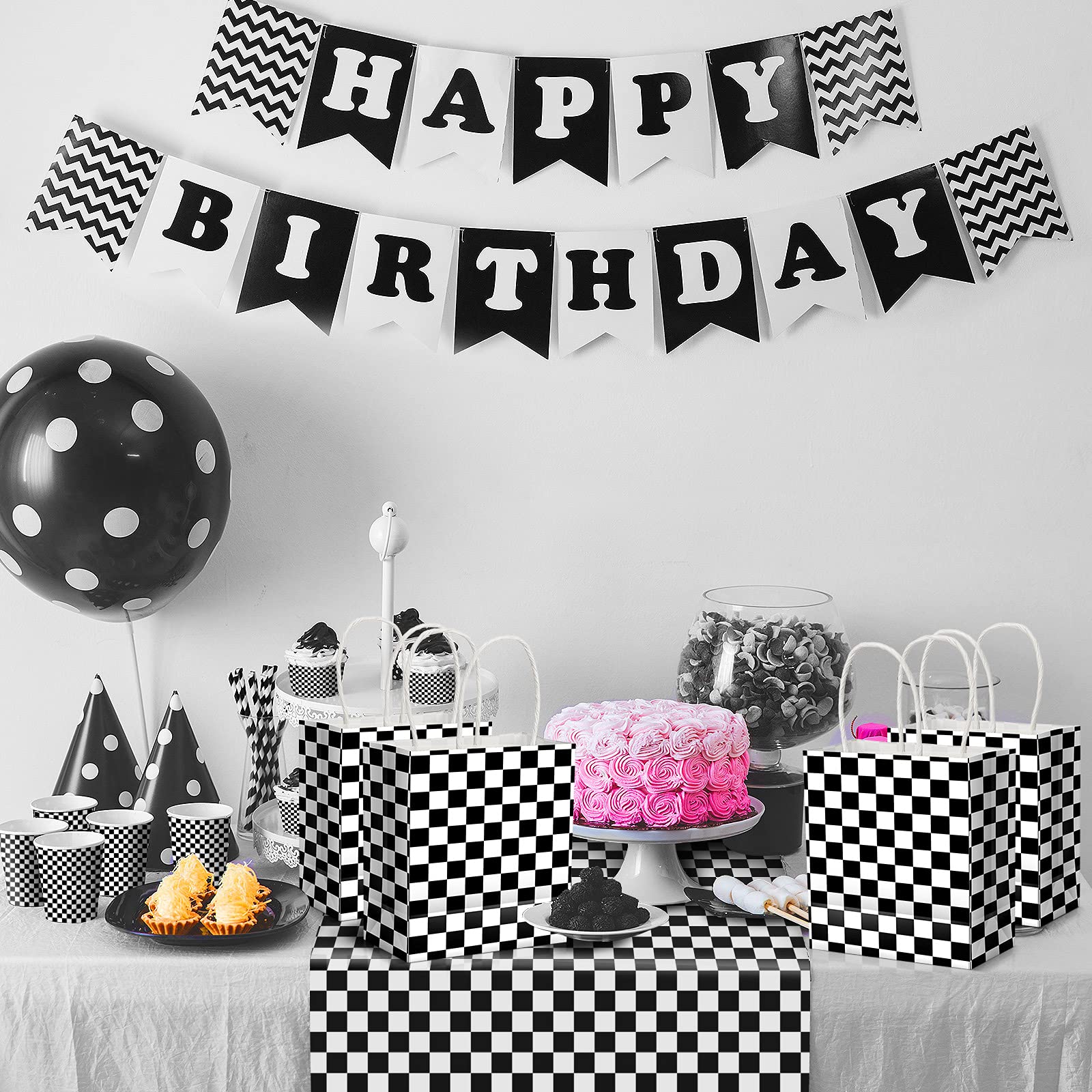 Marspark 24 Pcs Checkered Race Car Party Bags - Black & White Candy Gift Bags for Birthday Decorations & Favors