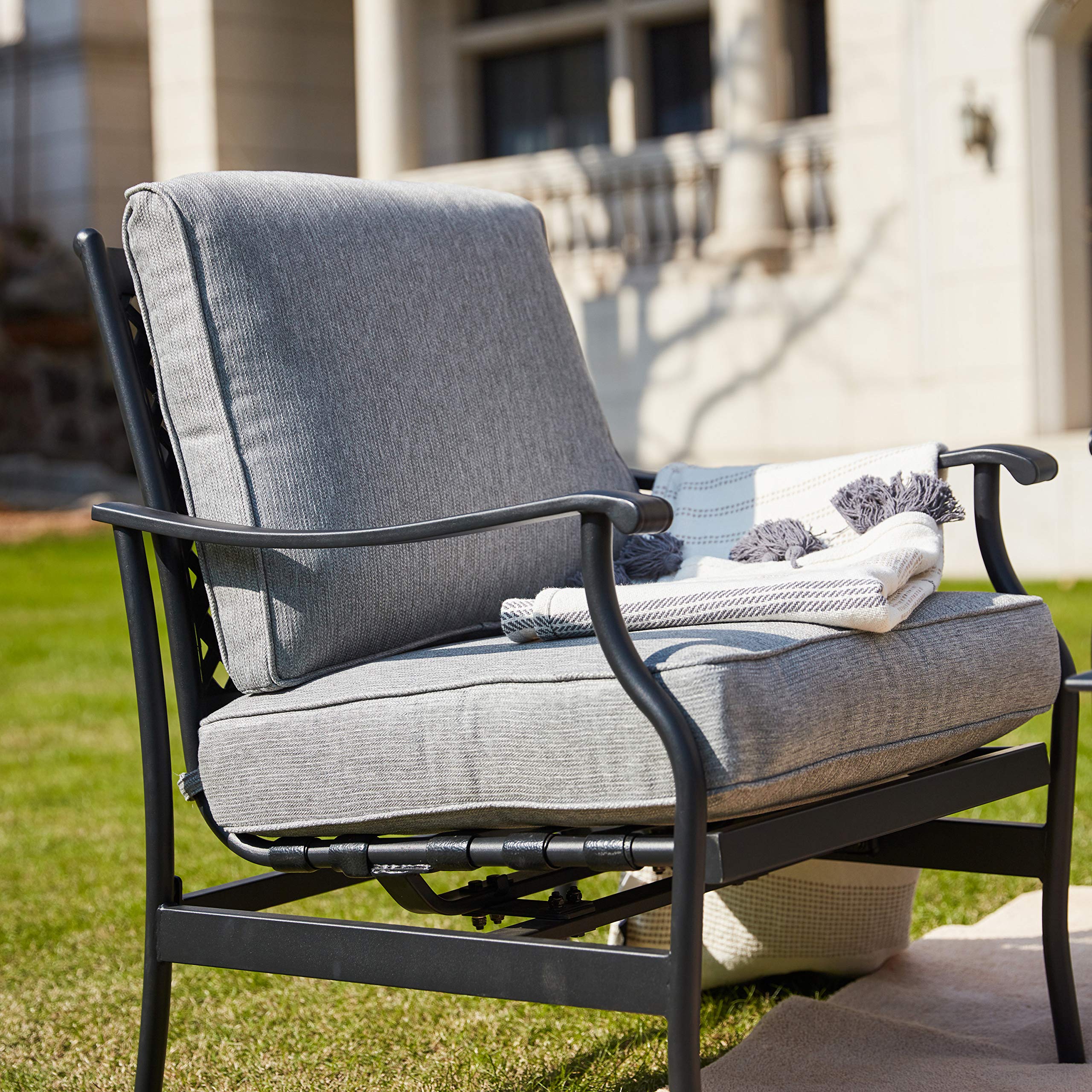 3-Piece Outdoor Patio Dining Set - Square Metal Table & 2 Armchairs with Thick Cushions - Grey Garden Bistro Furniture for Backyard, Deck, and Poolside Relaxation
