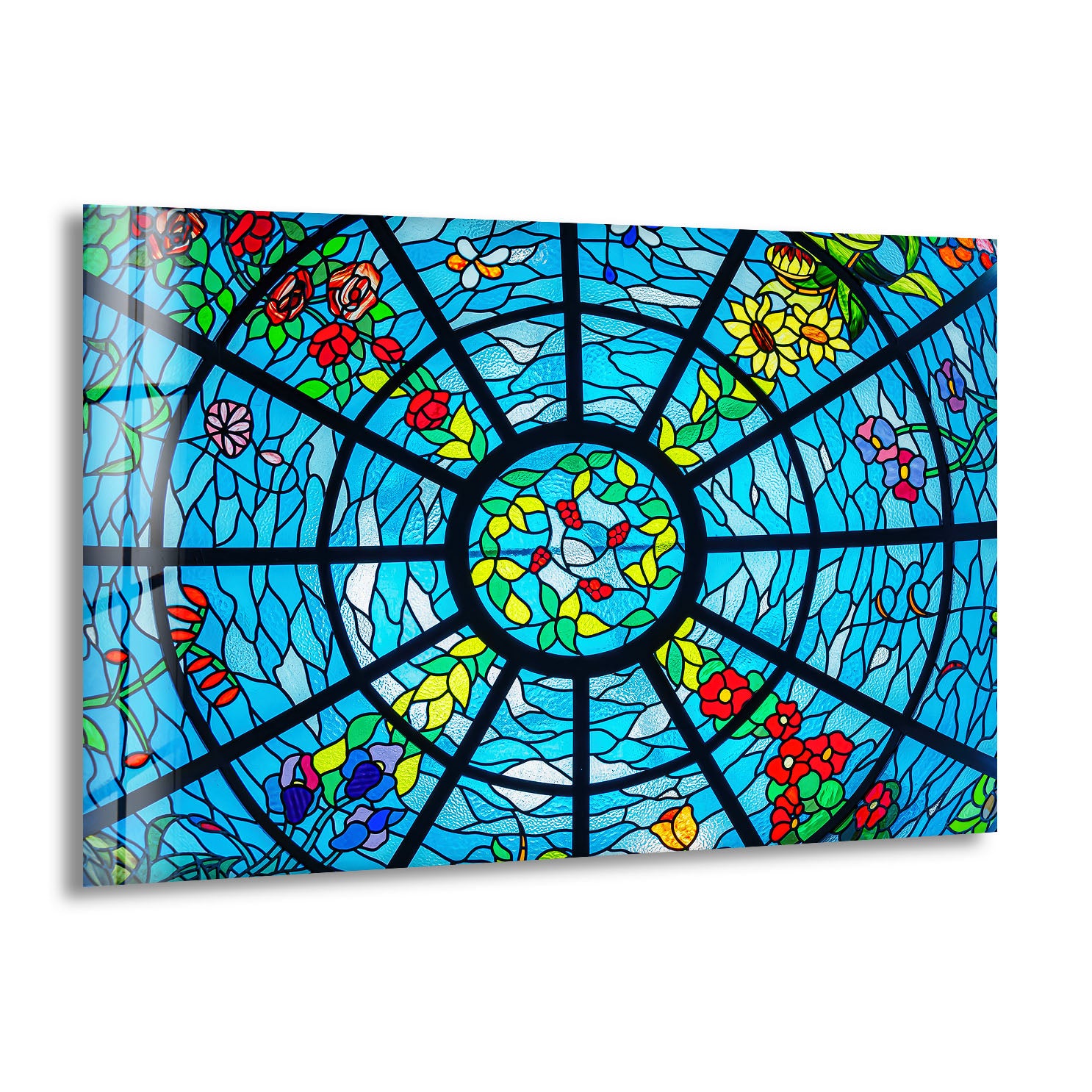Blue Stained Glass Wall Art - Vibrant Floral & Ocean Window Design for Home & Office Decor | Perfect for Living Room, Bedroom, or Office Wall Decorations