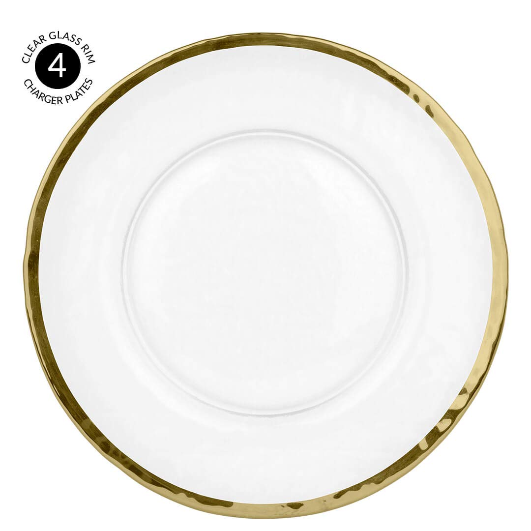 Koyal Wholesale Bulk Clear Glass Gold Rim Charger Plates - Set of 4 Elegant Hammered Glass Dinner Plates for Wedding, Party & Formal Dining Decor