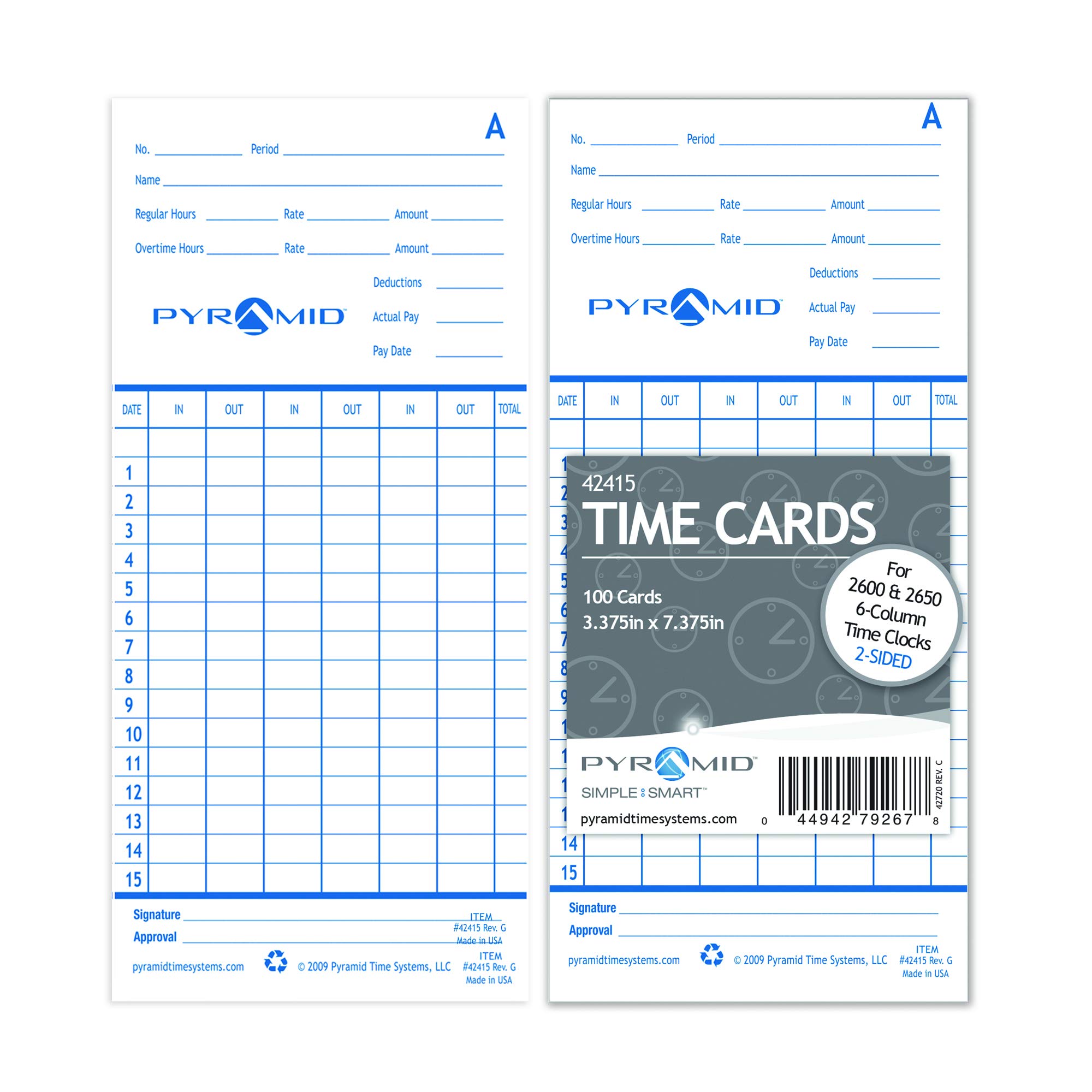 Pyramid Time Systems 42415MB 1000 Count Authentic Time Cards for 2600 & 2650 Time Clocks - Bulk Pack for Employee Time Tracking, Payroll Management & Office Attendance Systems