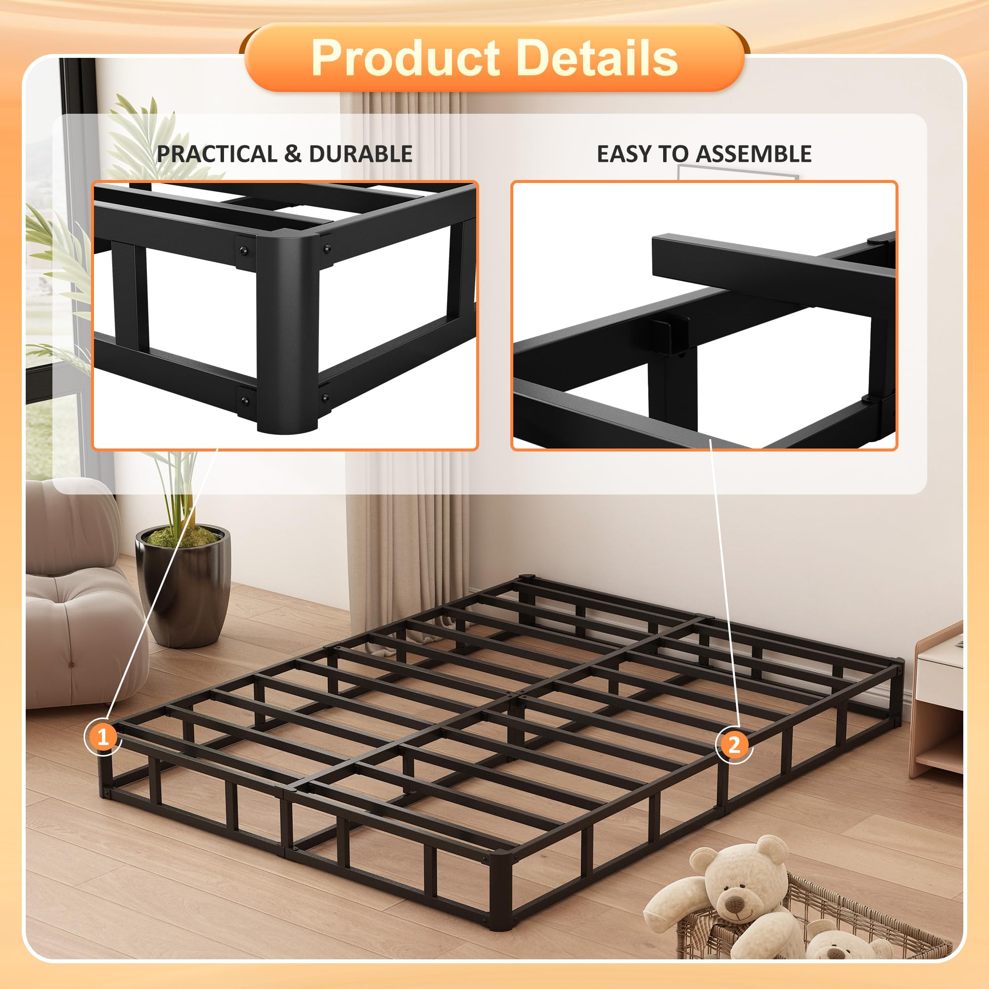 7 Inch King Box Spring - Heavy Duty Metal Bed Base with Fabric Cover, Sturdy Mattress Foundation - Easy Assembly, Noise Free Support - Black - Perfect for Master Bedrooms & Guest Rooms