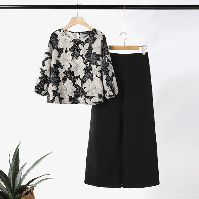 Stylish Women's 3/4 Sleeve Blouse & Wide Leg Pant Suit Set - ZANZEA 2-Piece Casual Printed Tracksuit for Summer | Perfect for Office Wear, Vacation Outfits & Casual Street Style